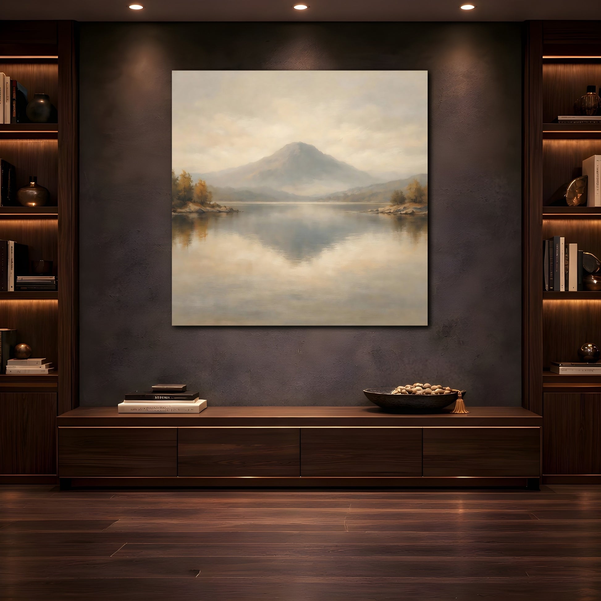 Mockup 4. Nature Mountain Lake Muted Landscape shown as stretched canvas wall art