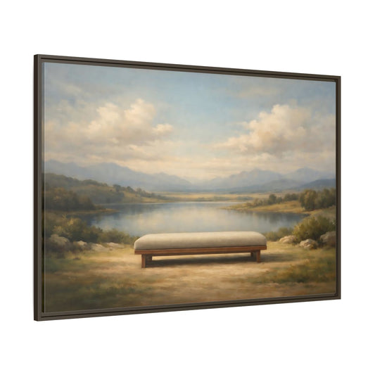 Main Mockup. Nature Mountain Lake Muted Mountain Lake shown as stretched canvas wall art