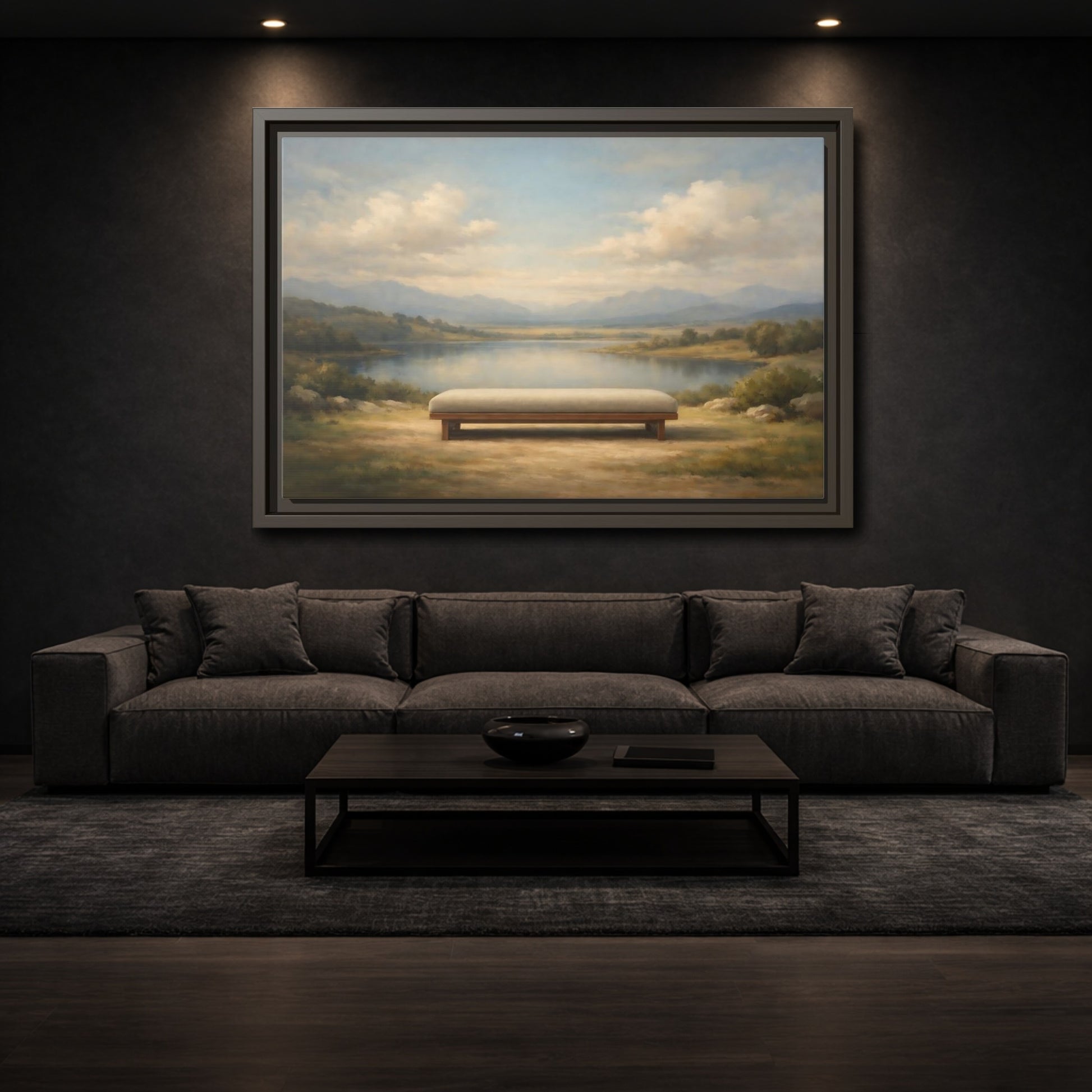 Mockup 2. Nature Mountain Lake Muted Mountain Lake shown as stretched canvas wall art
