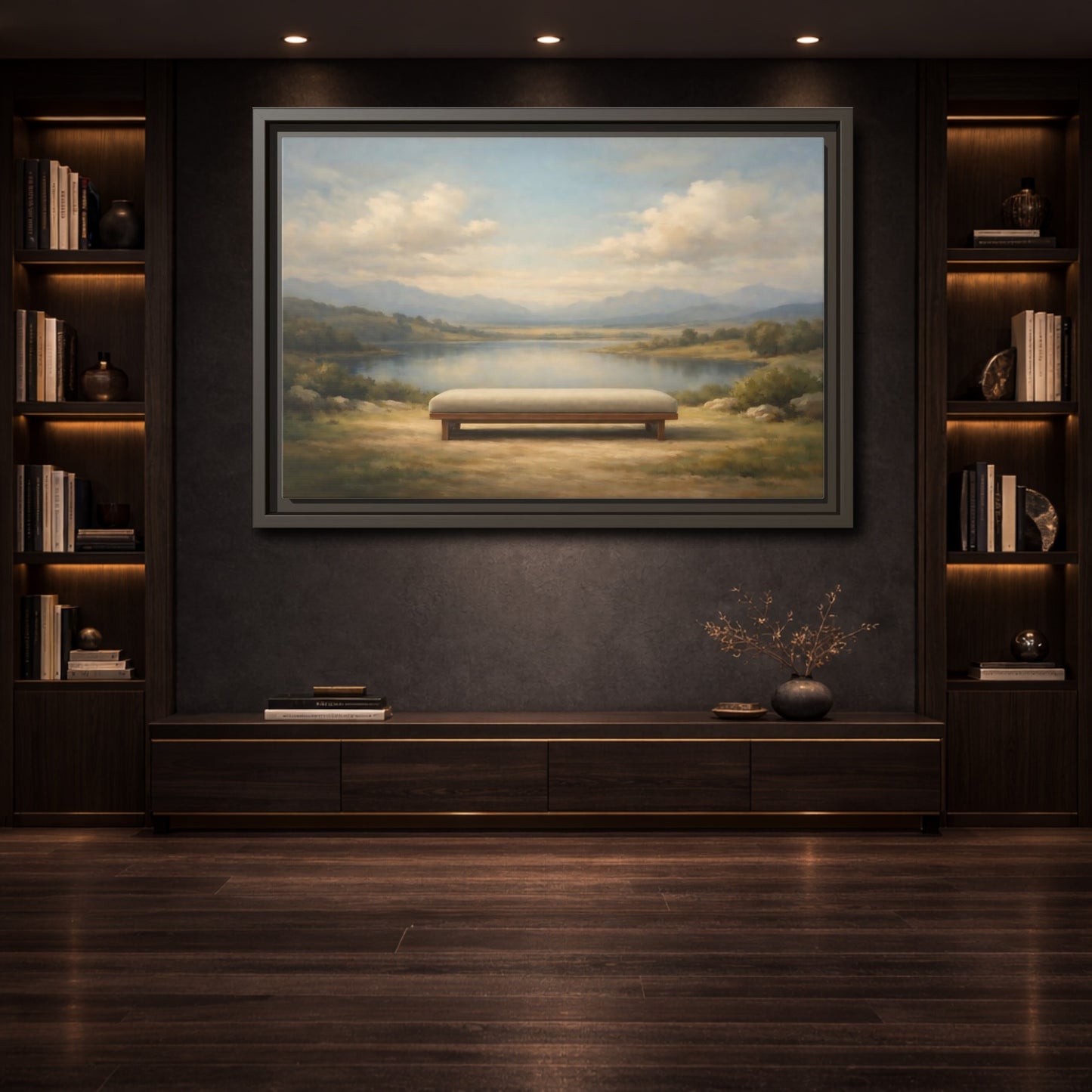 Mockup 3. Nature Mountain Lake Muted Mountain Lake shown as stretched canvas wall art