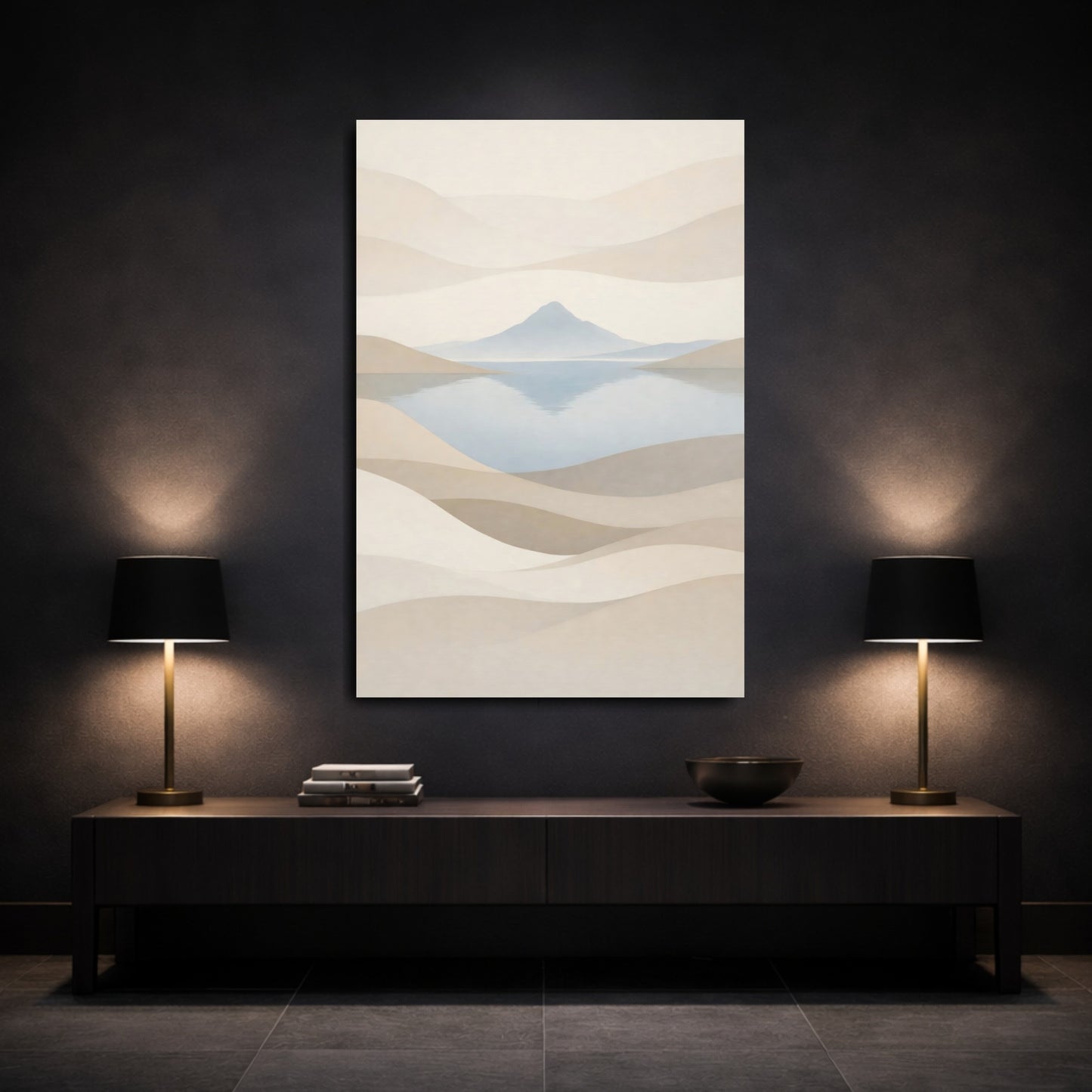 Mockup 2. Nature Mountain Lake Neutral Landscape shown as stretched canvas wall art