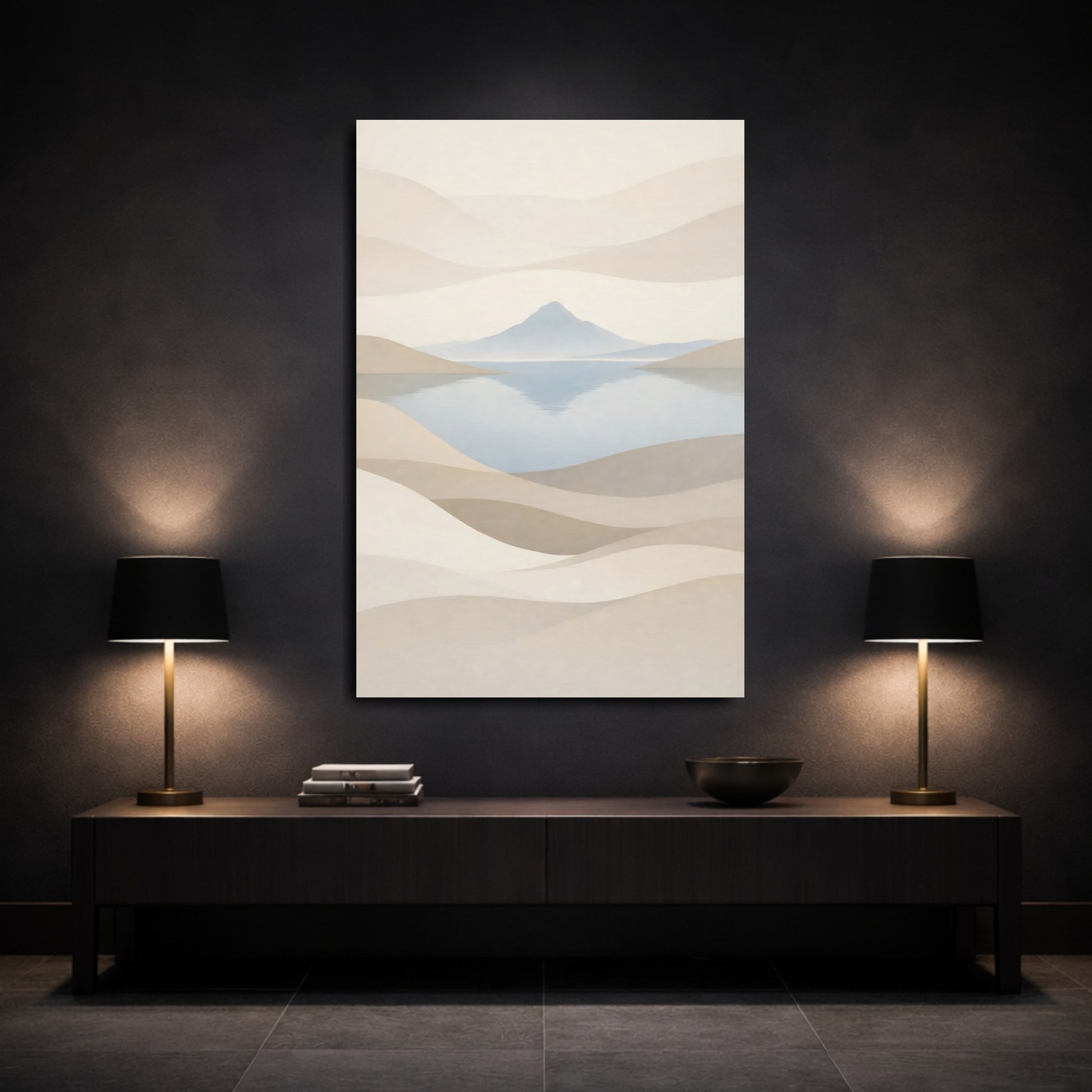 Mockup 2. Nature Mountain Lake Neutral Landscape shown as stretched canvas wall art