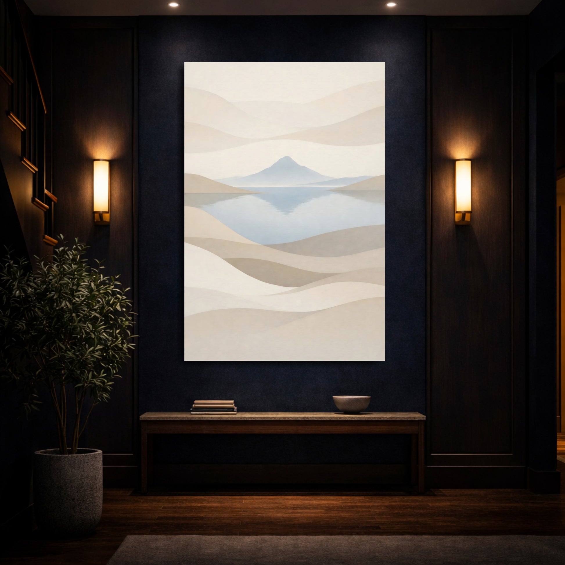 Mockup 3. Nature Mountain Lake Neutral Landscape shown as stretched canvas wall art