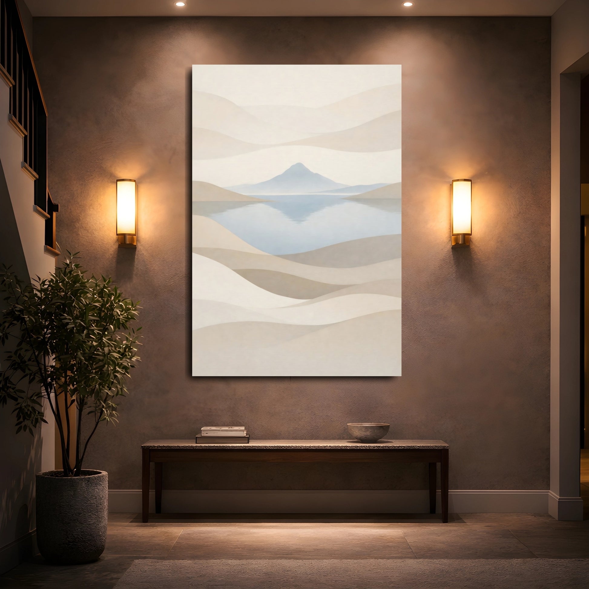Mockup 4. Nature Mountain Lake Neutral Landscape shown as stretched canvas wall art