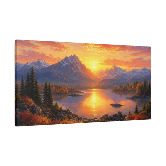 Main Mockup. Nature Mountain Lake Orange And Blue shown as stretched canvas wall art