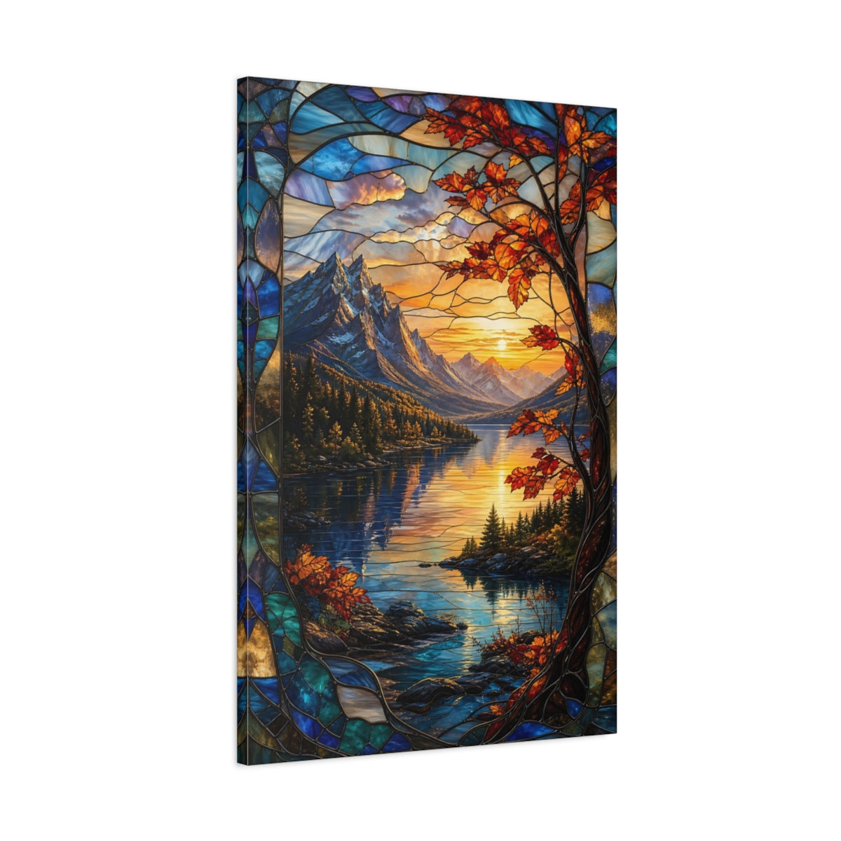 Main Mockup. Nature Mountain Lake Orange And Blue shown as stretched canvas wall art
