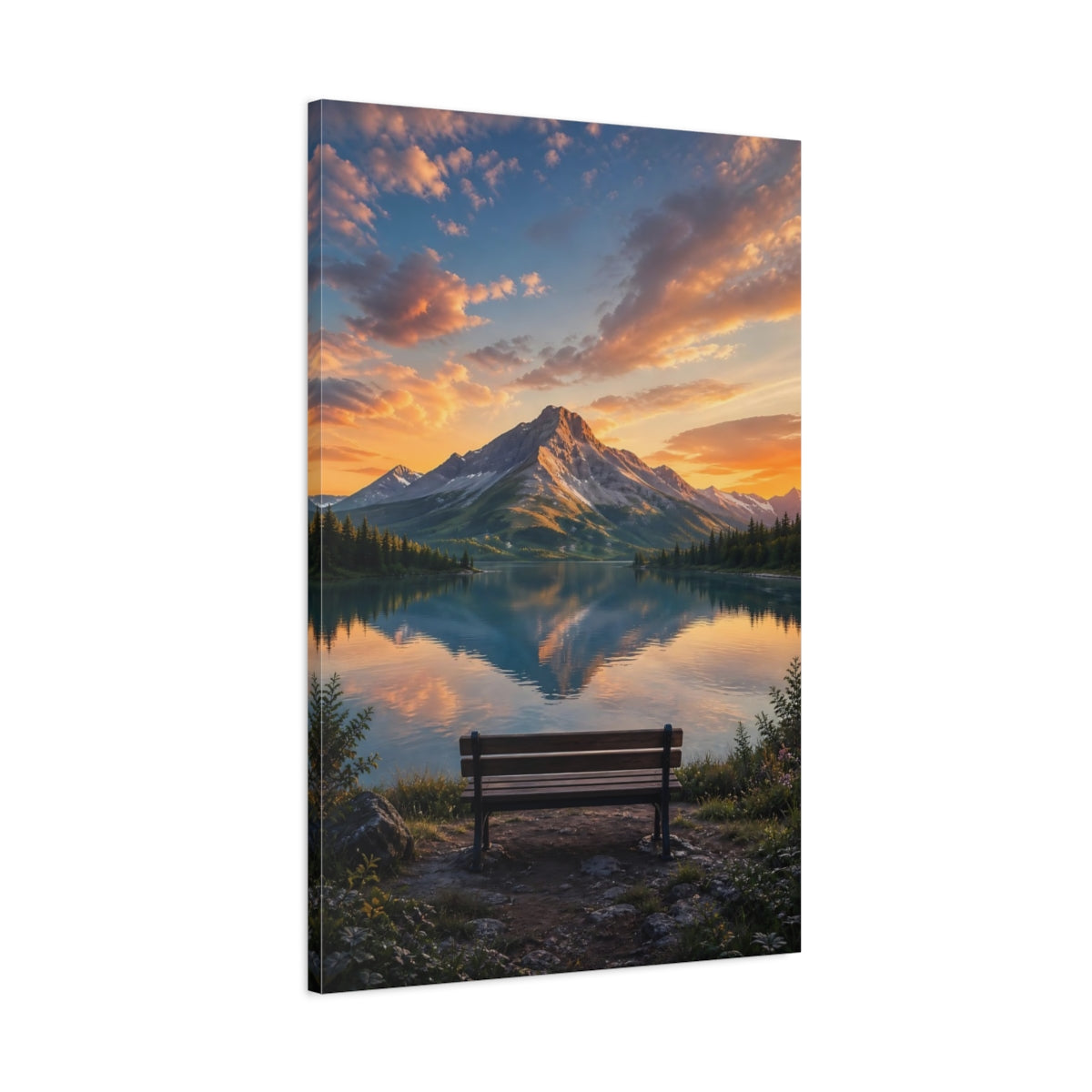 Main Mockup. Nature Mountain Lake Orange And Blue shown as stretched canvas wall art