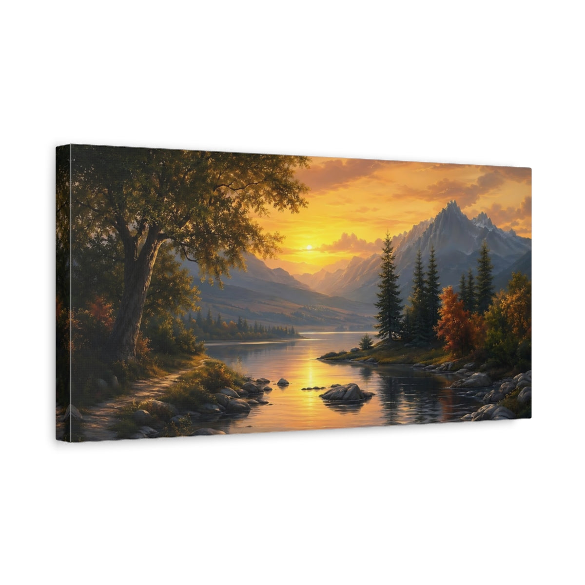 Side Mockup 3. Nature Mountain Lake Orange And Blue Sunset shown as stretched canvas wall art