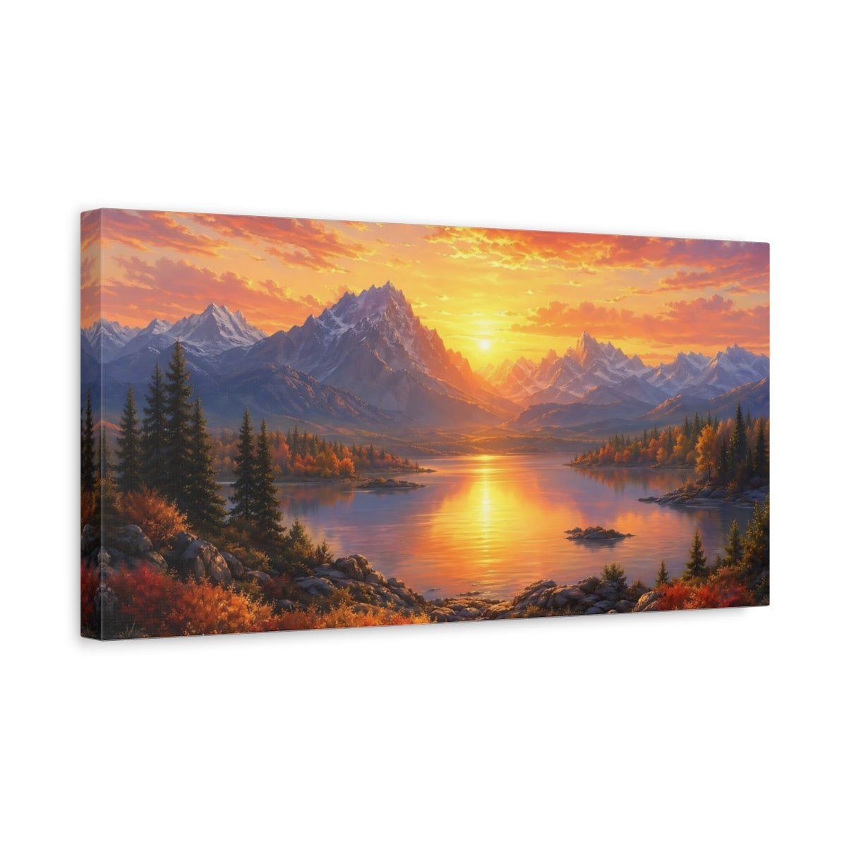 Side Mockup 3. Nature Mountain Lake Orange And Blue shown as stretched canvas wall art