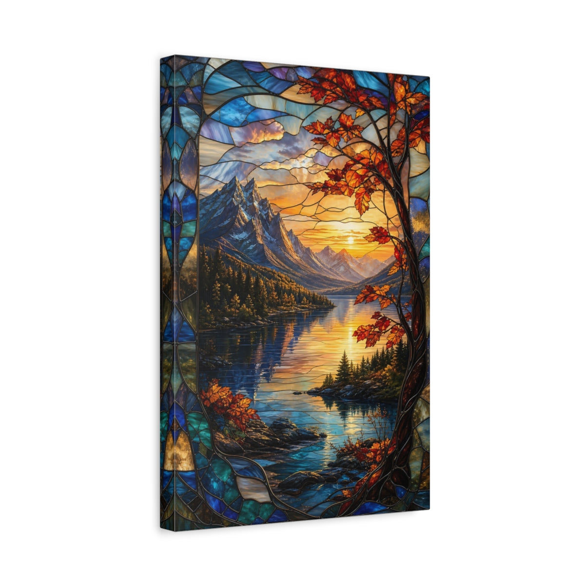 Side Mockup 4. Nature Mountain Lake Orange And Blue shown as stretched canvas wall art