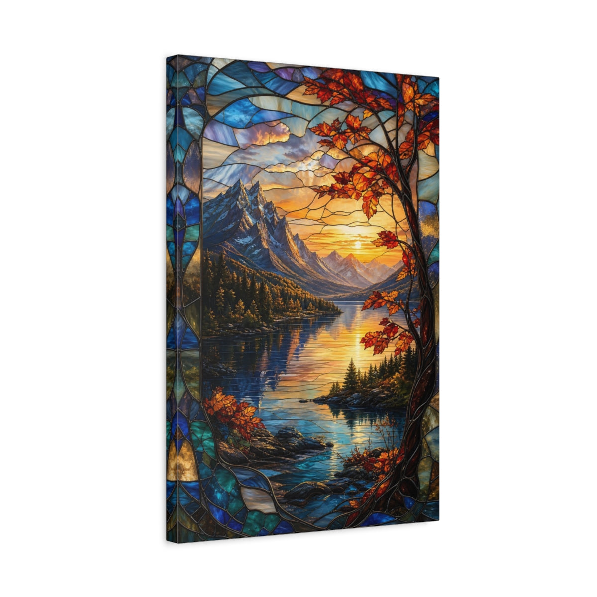 Side Mockup 3. Nature Mountain Lake Orange And Blue shown as stretched canvas wall art