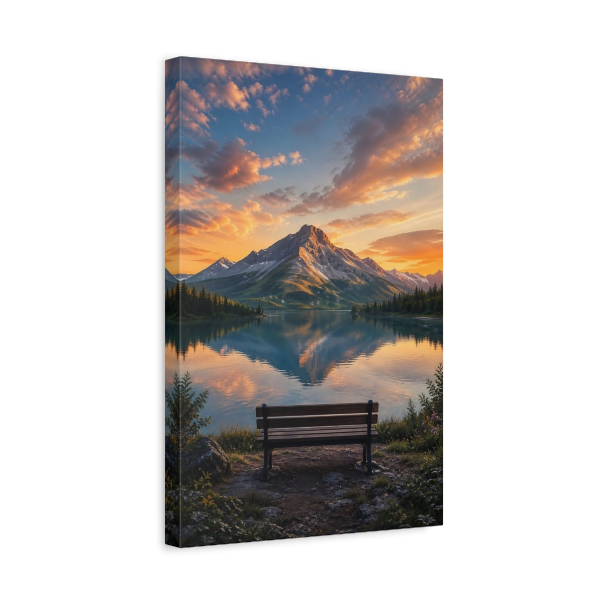 Side Mockup 4. Nature Mountain Lake Orange And Blue shown as stretched canvas wall art