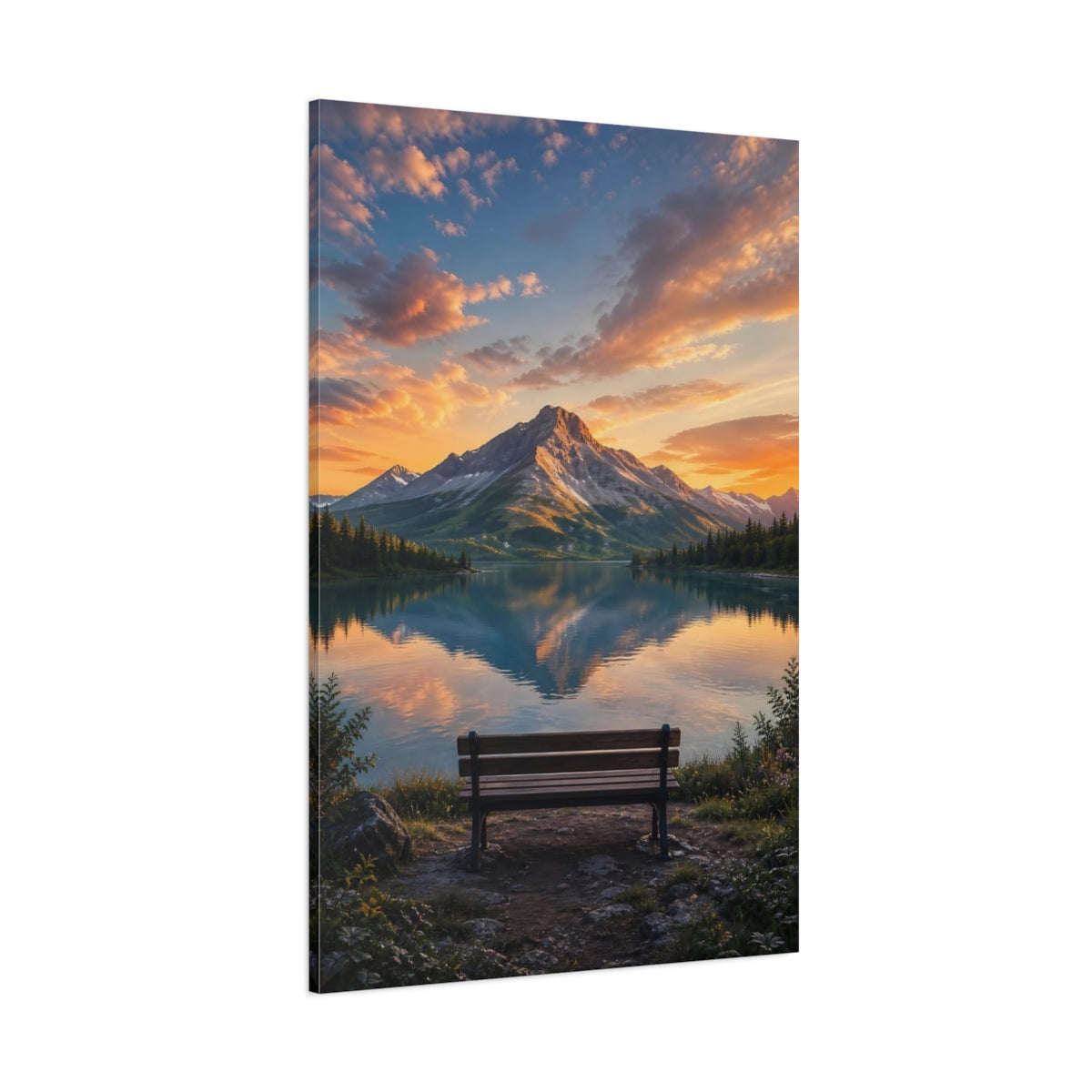 Side Mockup 1. Nature Mountain Lake Orange And Blue shown as stretched canvas wall art