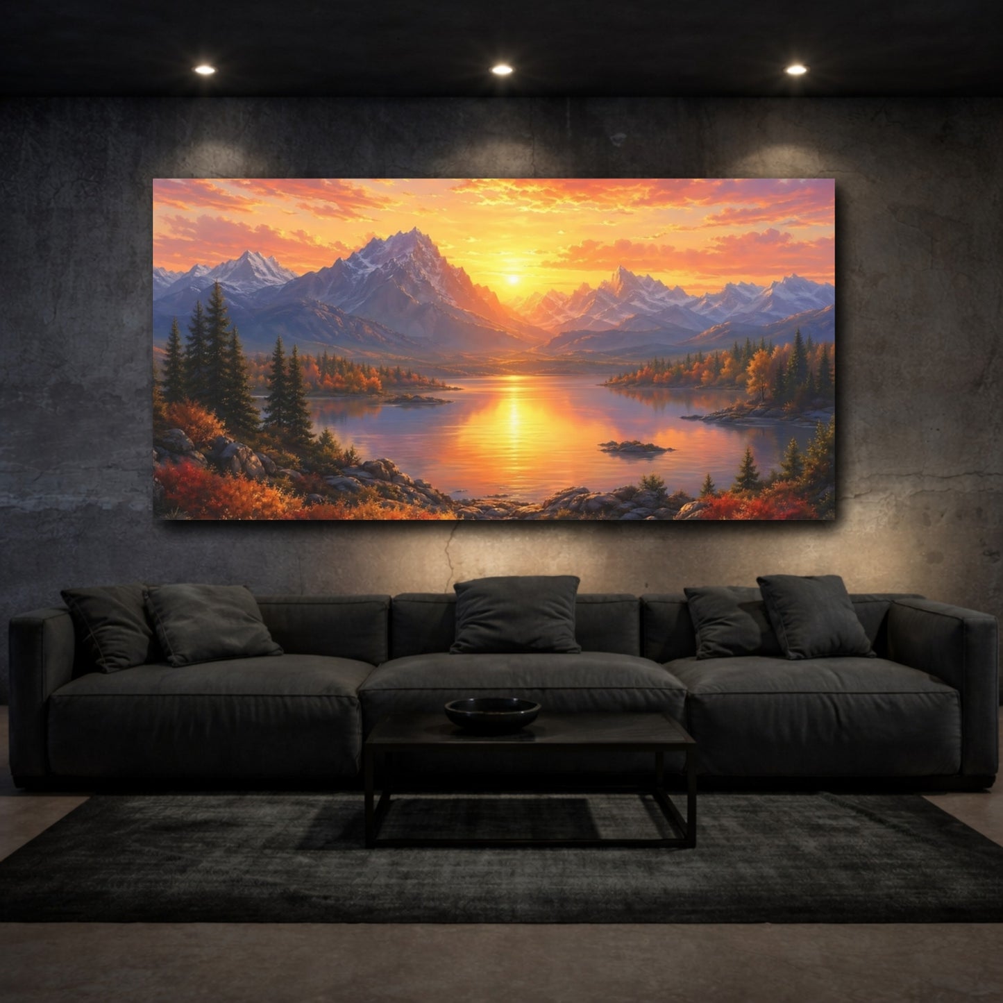 Mockup 2. Nature Mountain Lake Orange And Blue shown as stretched canvas wall art