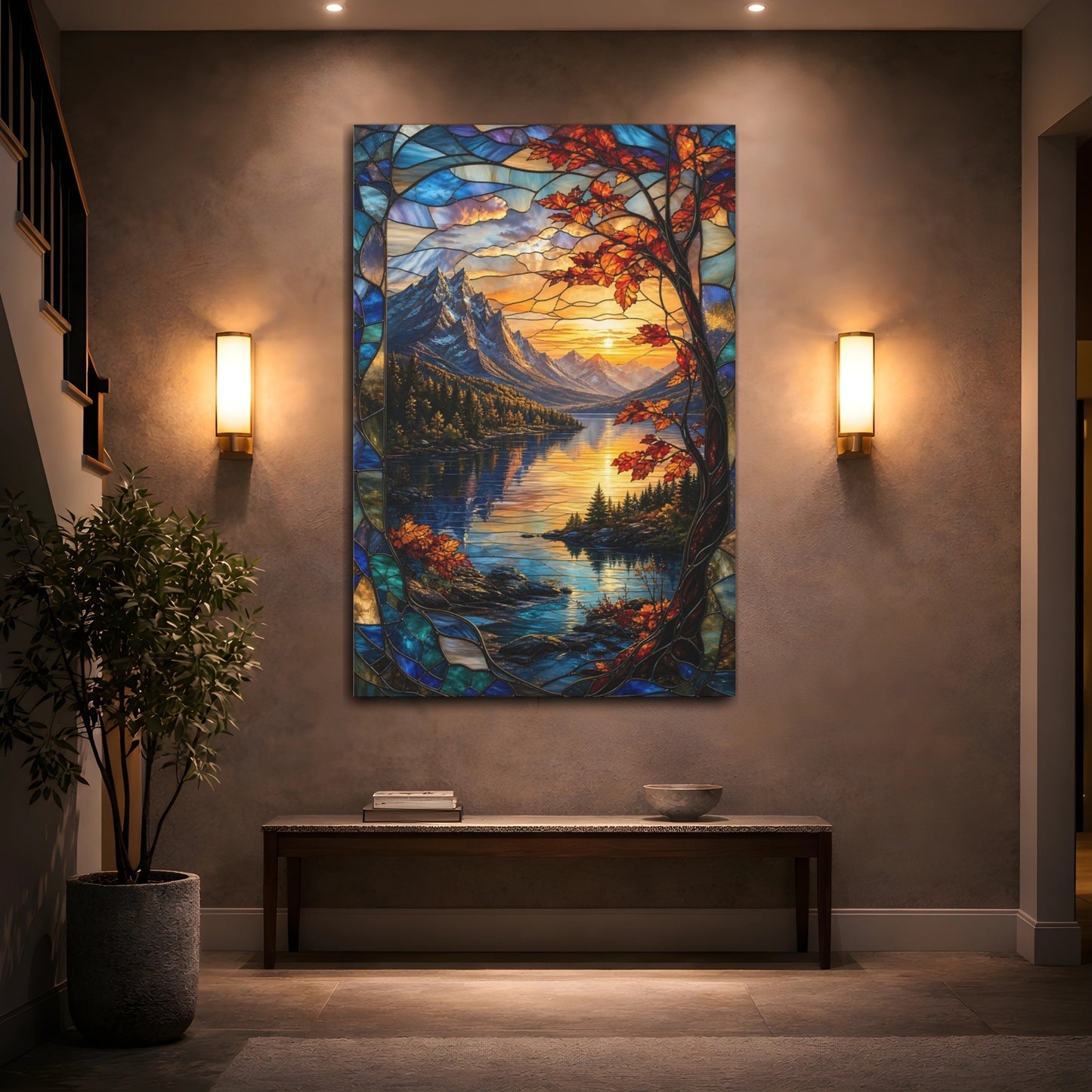 Mockup 2. Nature Mountain Lake Orange And Blue shown as stretched canvas wall art