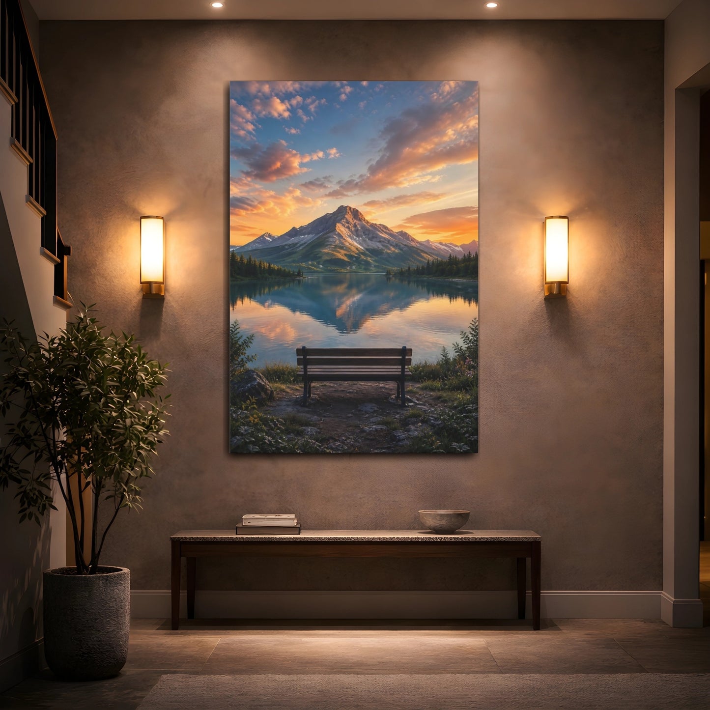 Mockup 2. Nature Mountain Lake Orange And Blue shown as stretched canvas wall art