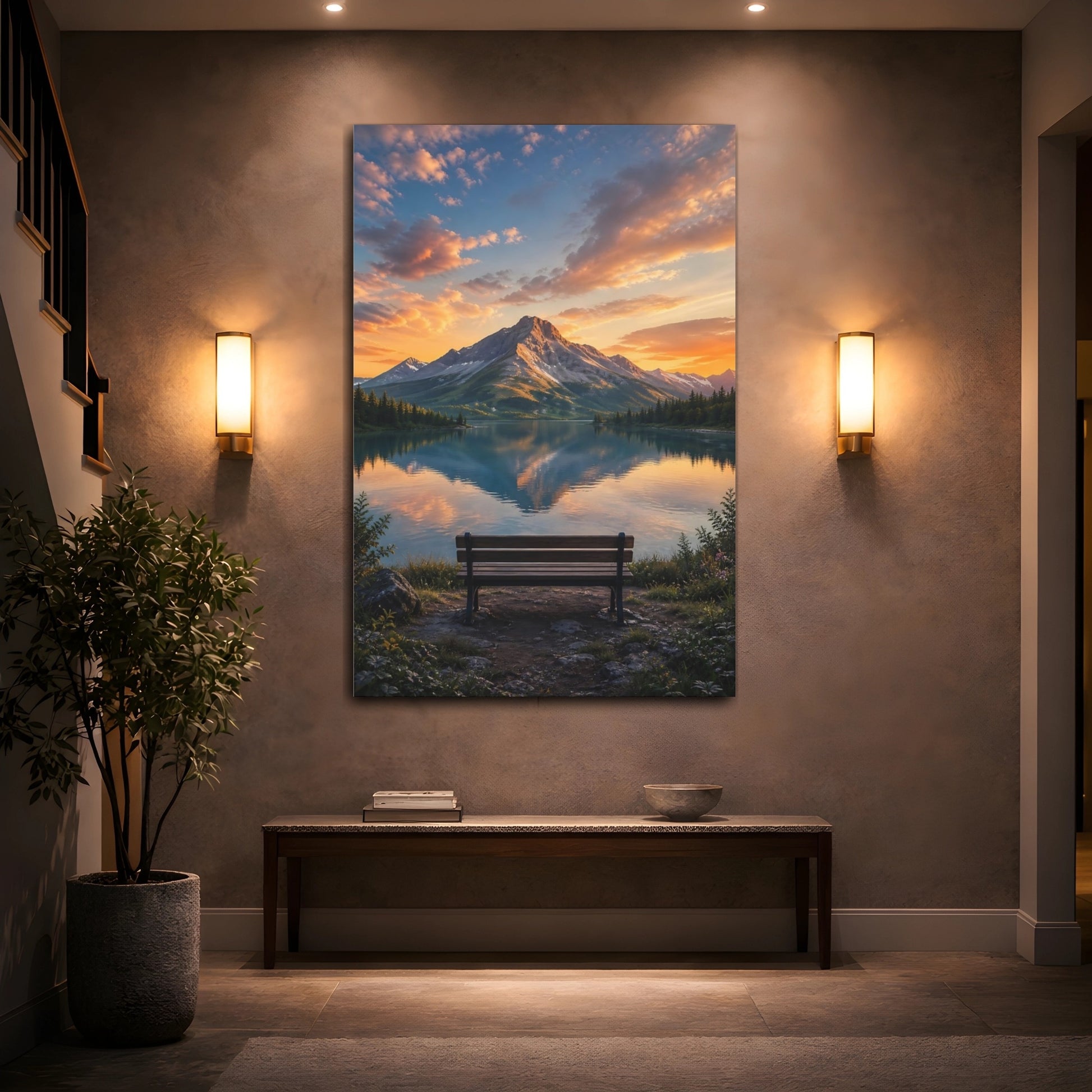 Mockup 2. Nature Mountain Lake Orange And Blue shown as stretched canvas wall art