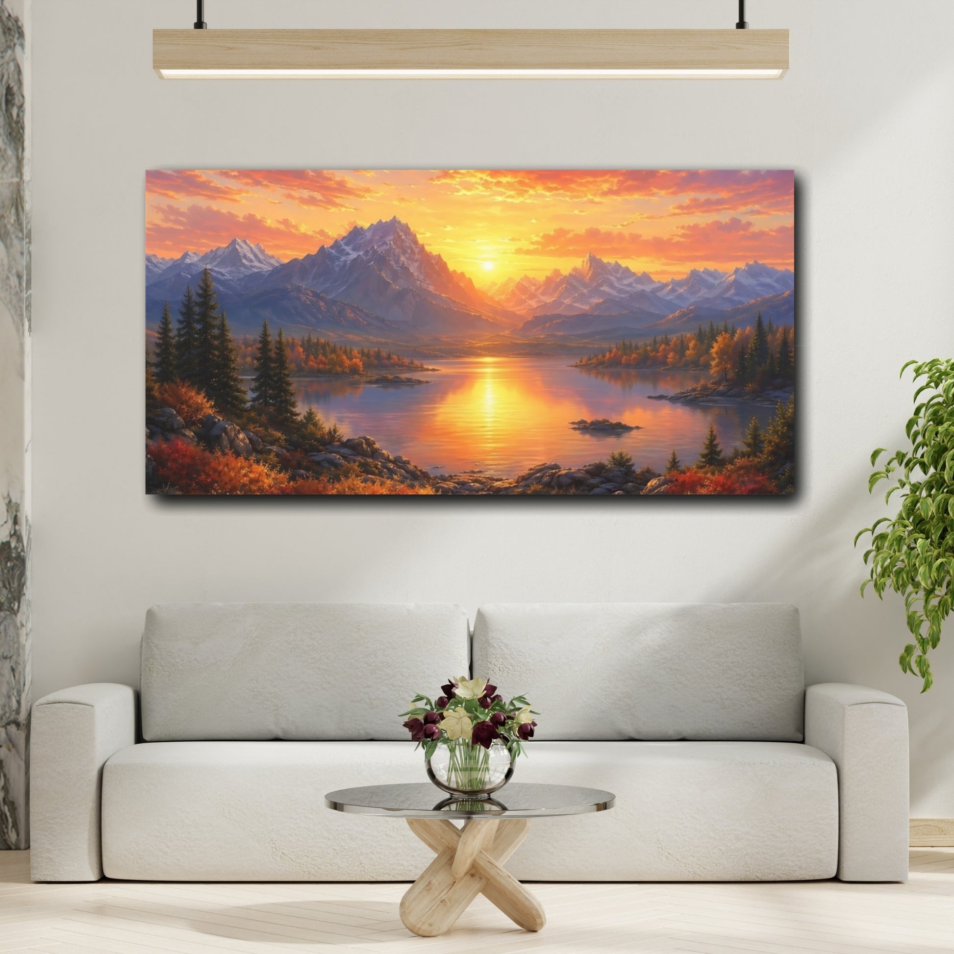 Mockup 3. Nature Mountain Lake Orange And Blue shown as stretched canvas wall art