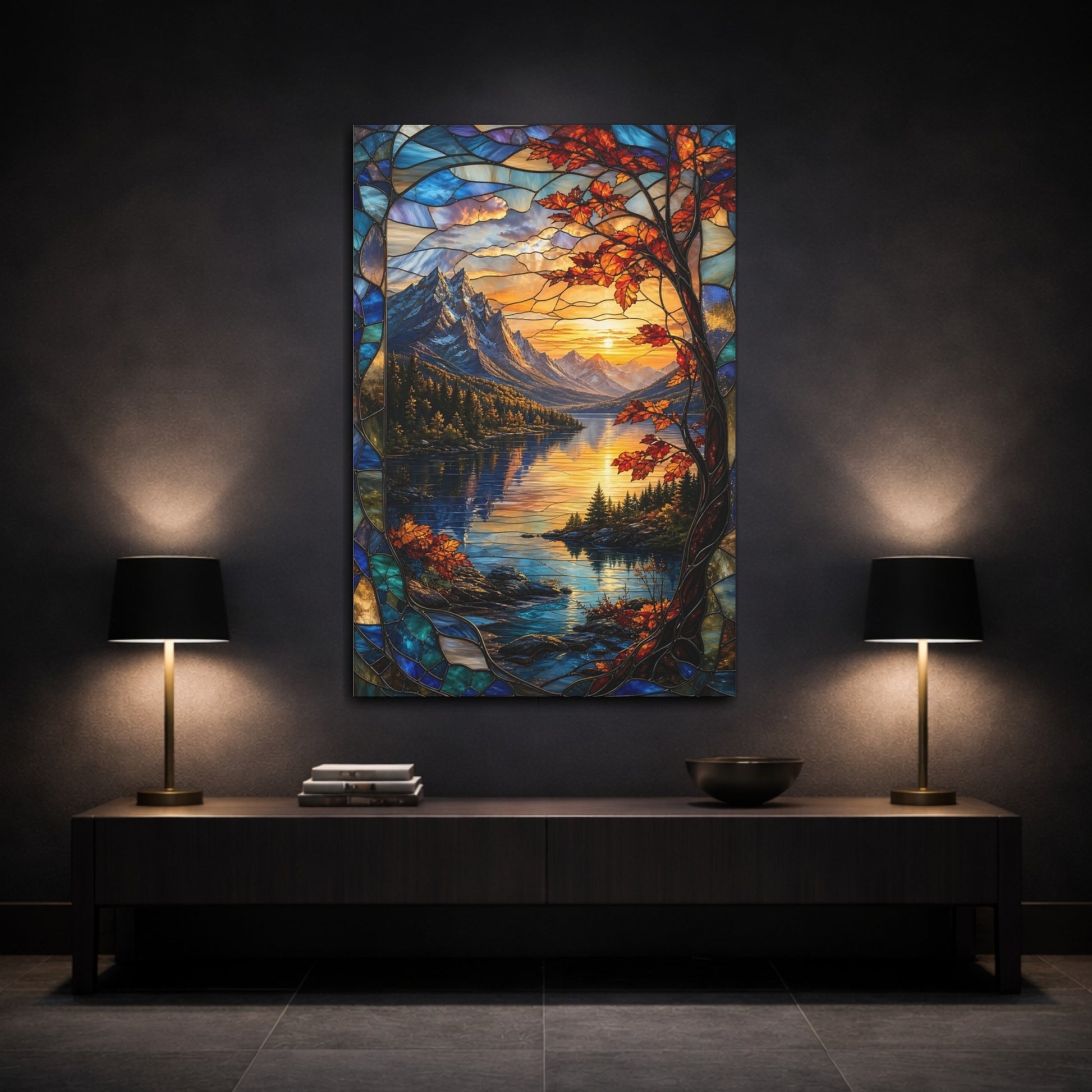 Mockup 3. Nature Mountain Lake Orange And Blue shown as stretched canvas wall art