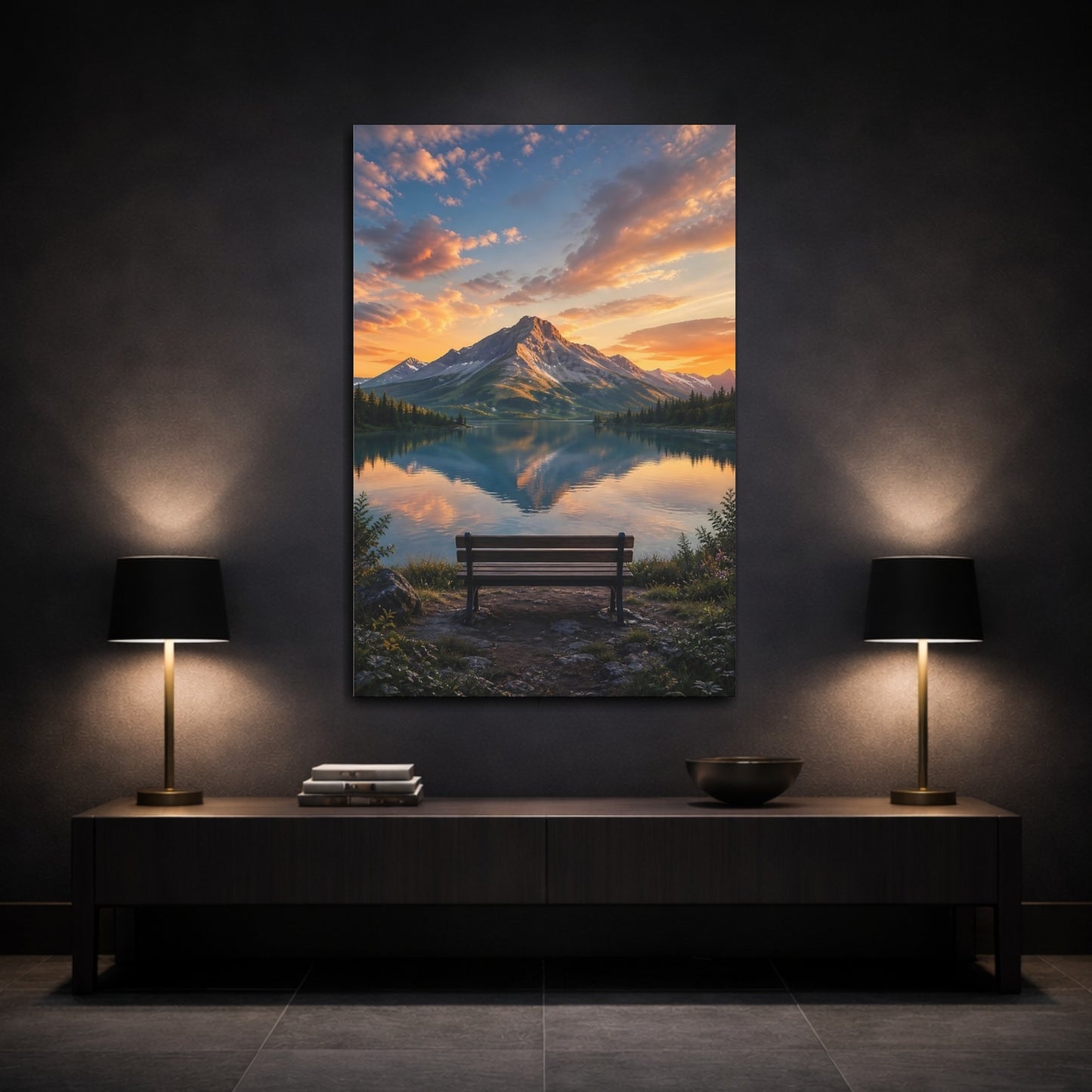 Mockup 3. Nature Mountain Lake Orange And Blue shown as stretched canvas wall art