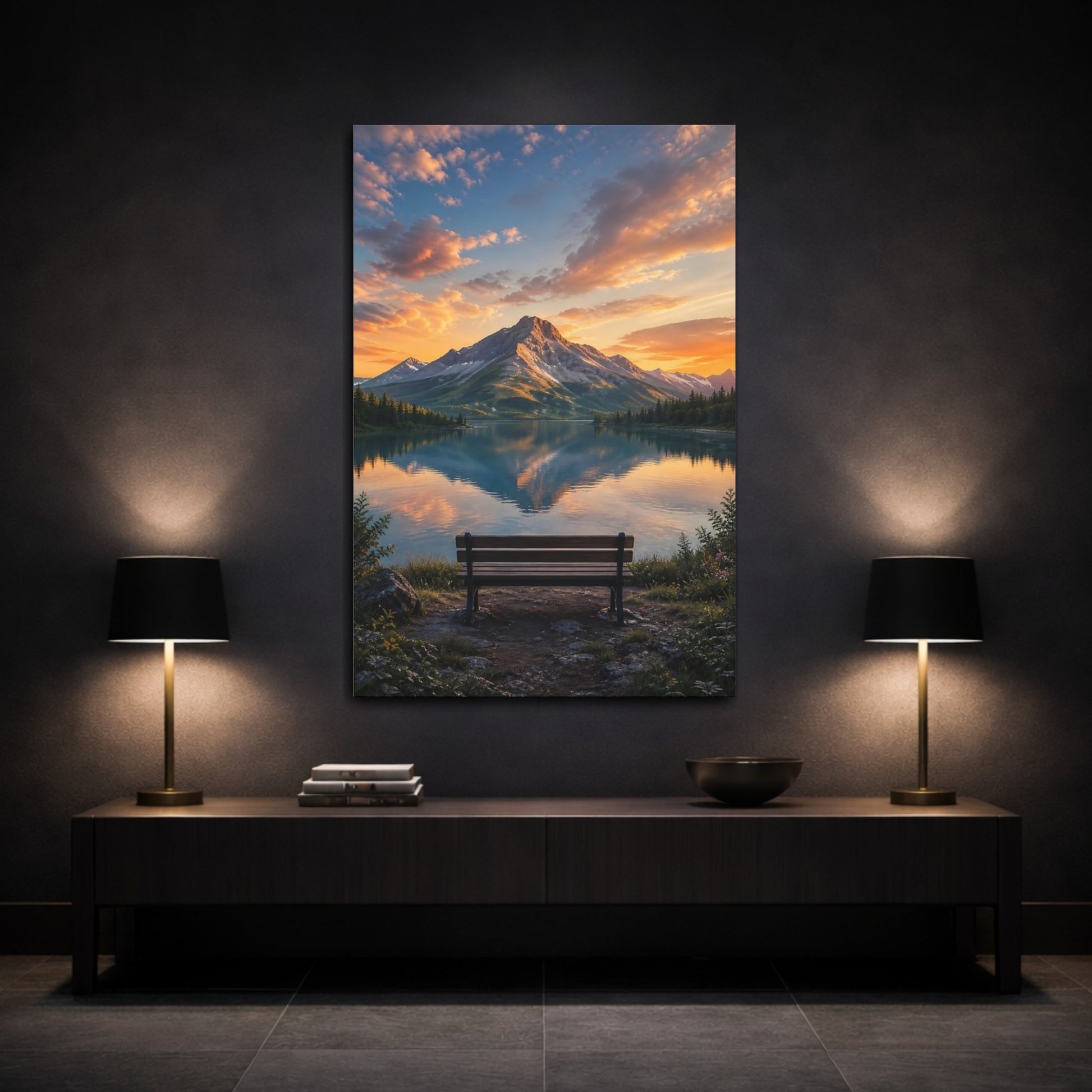 Mockup 3. Nature Mountain Lake Orange And Blue shown as stretched canvas wall art