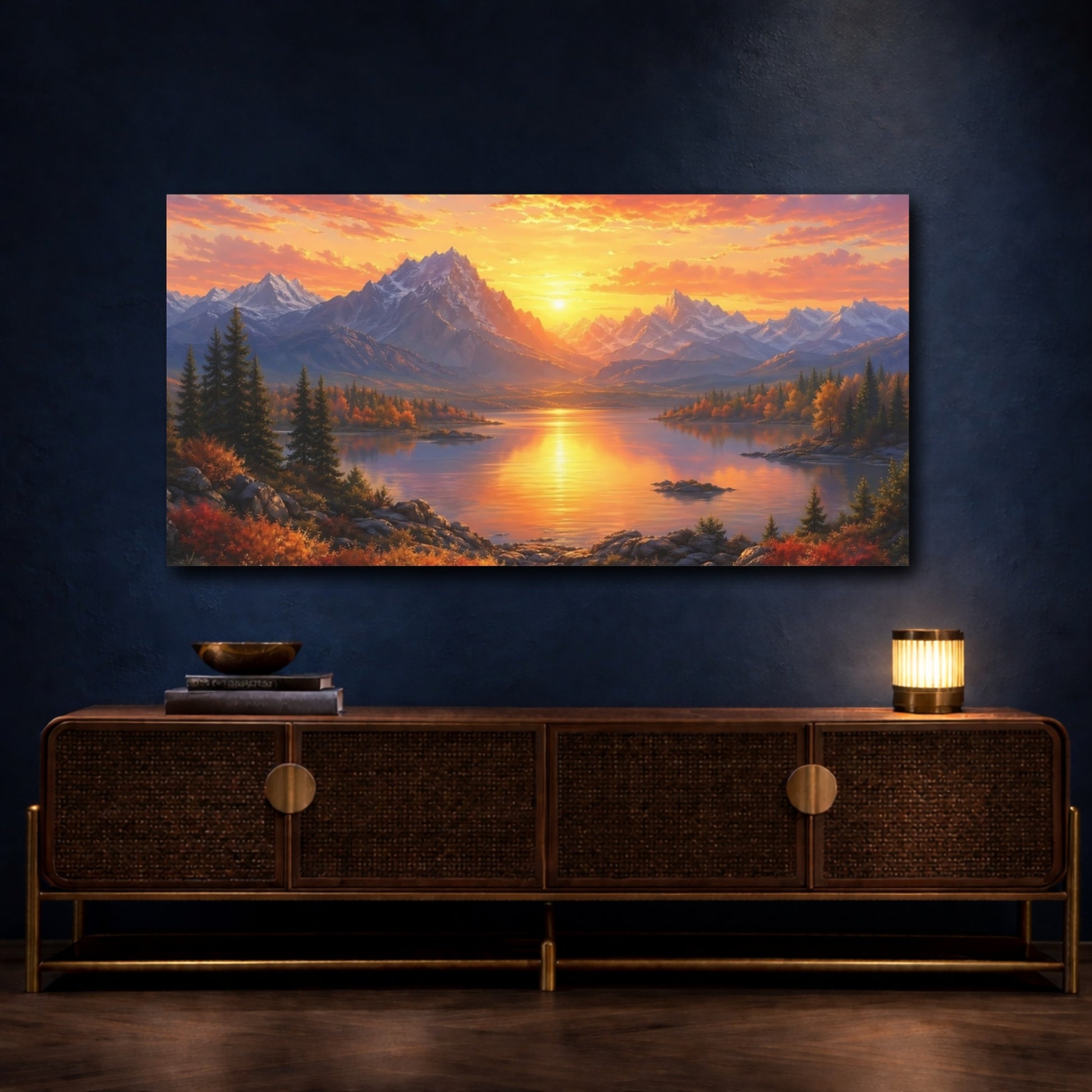 Mockup 4. Nature Mountain Lake Orange And Blue shown as stretched canvas wall art
