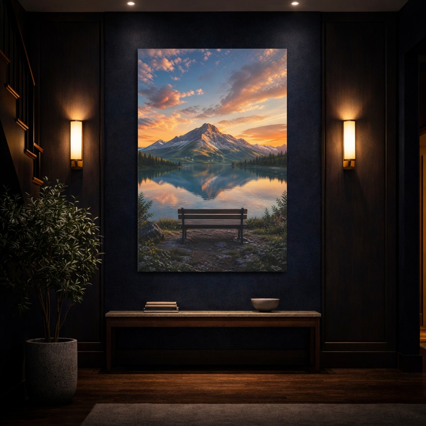 Mockup 4. Nature Mountain Lake Orange And Blue shown as stretched canvas wall art