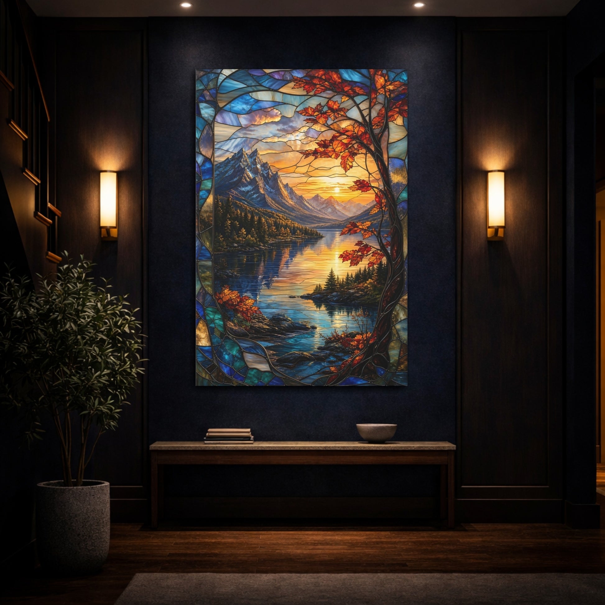 Mockup 4. Nature Mountain Lake Orange And Blue shown as stretched canvas wall art
