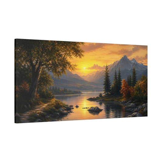 Main Mockup. Nature Mountain Lake Orange And Blue Sunset shown as stretched canvas wall art