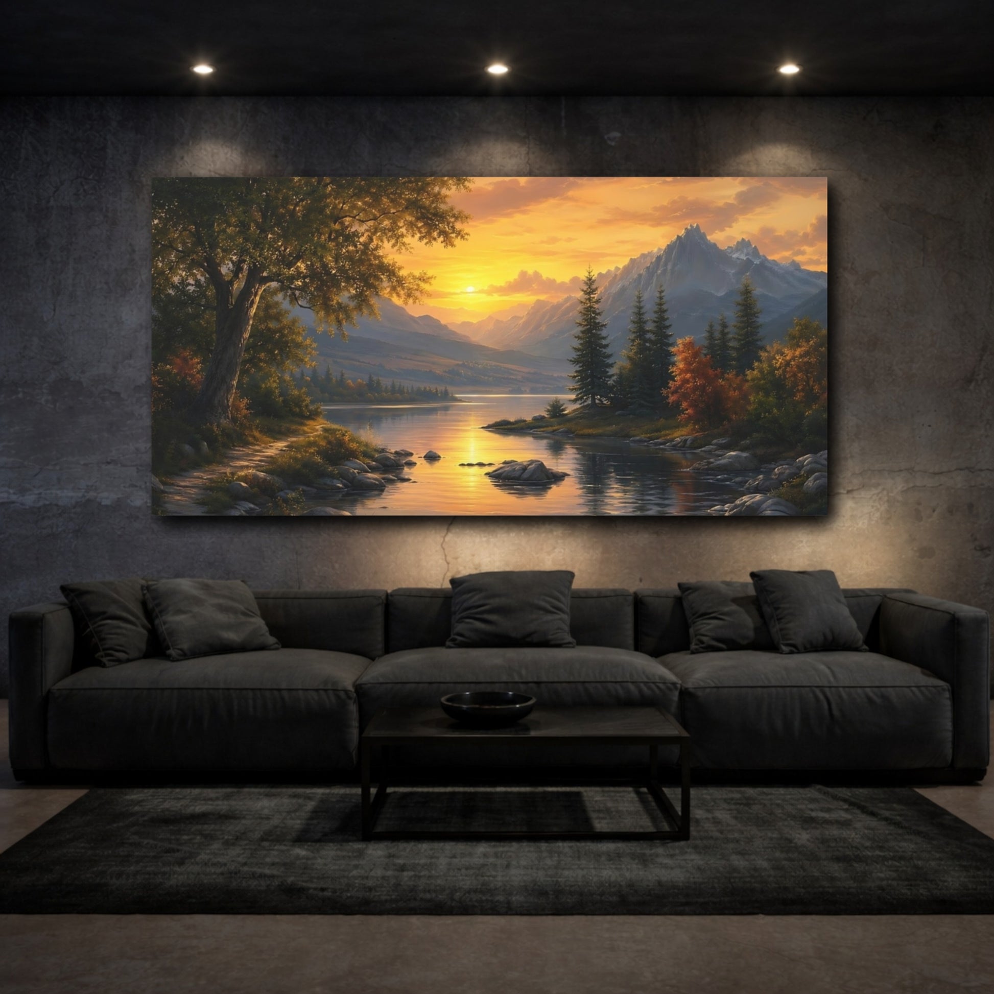 Mockup 2. Nature Mountain Lake Orange And Blue Sunset shown as stretched canvas wall art