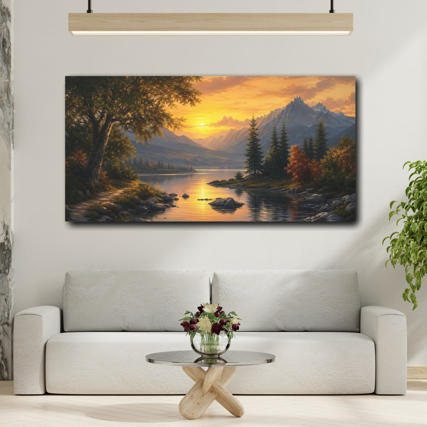 Mockup 3. Nature Mountain Lake Orange And Blue Sunset shown as stretched canvas wall art