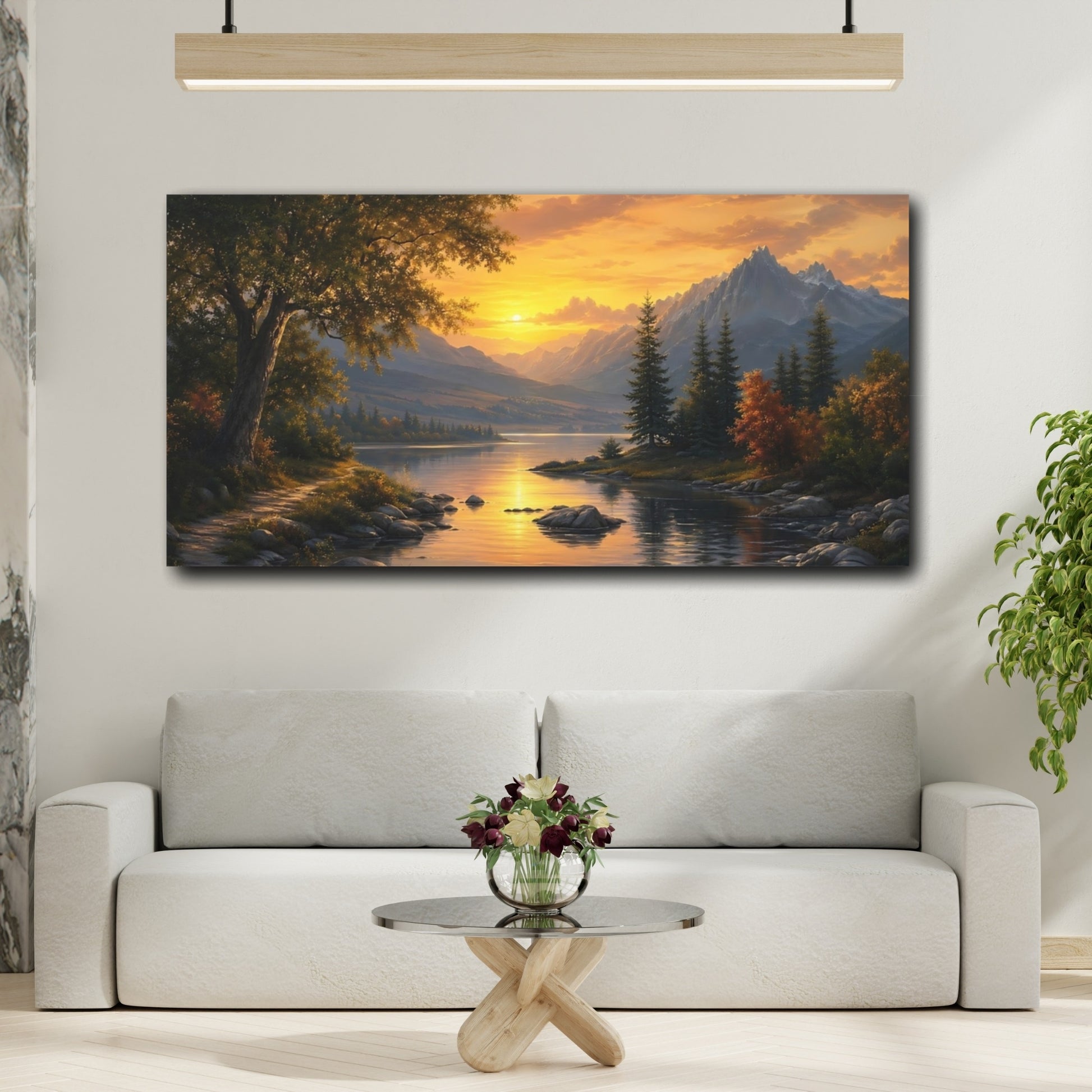 Mockup 3. Nature Mountain Lake Orange And Blue Sunset shown as stretched canvas wall art