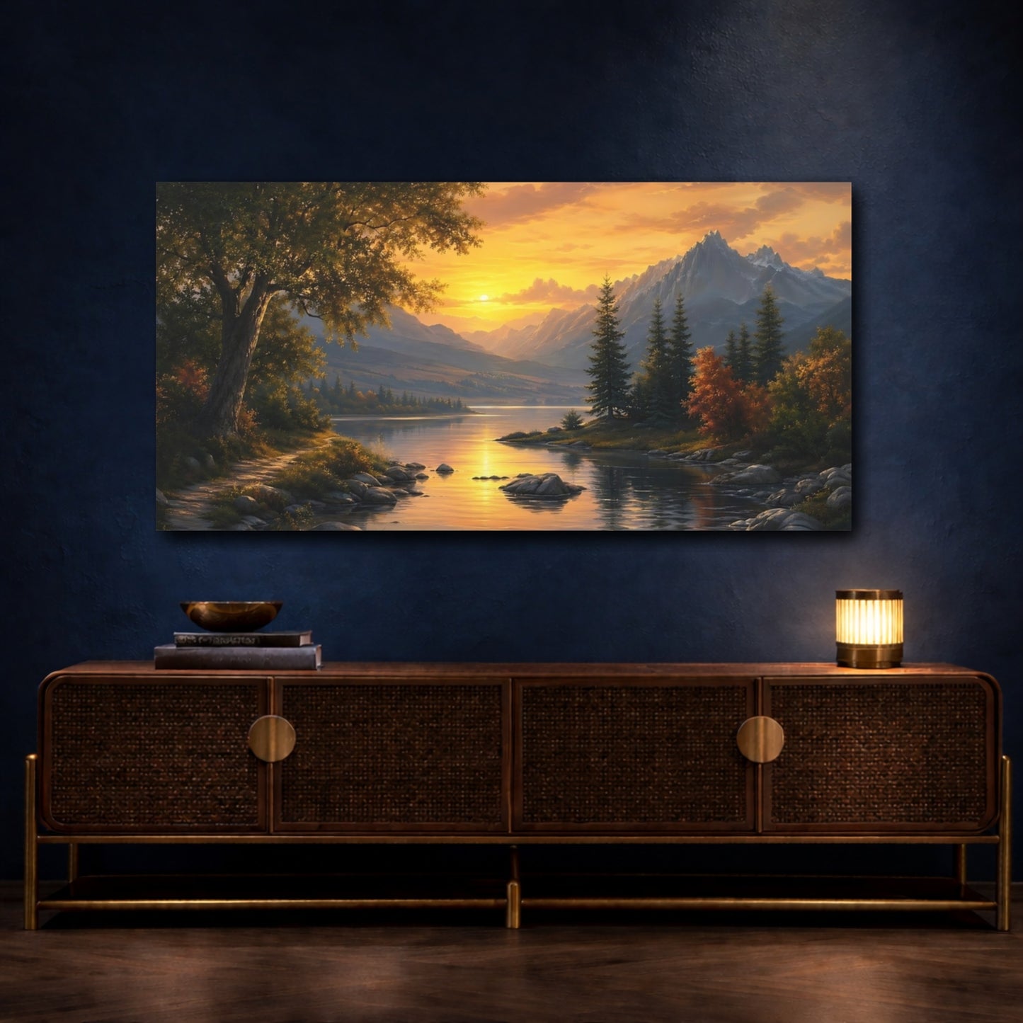 Mockup 4. Nature Mountain Lake Orange And Blue Sunset shown as stretched canvas wall art