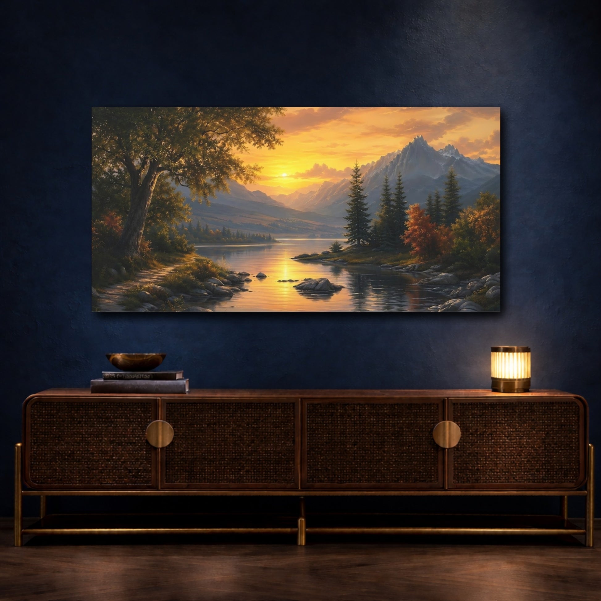 Mockup 4. Nature Mountain Lake Orange And Blue Sunset shown as stretched canvas wall art