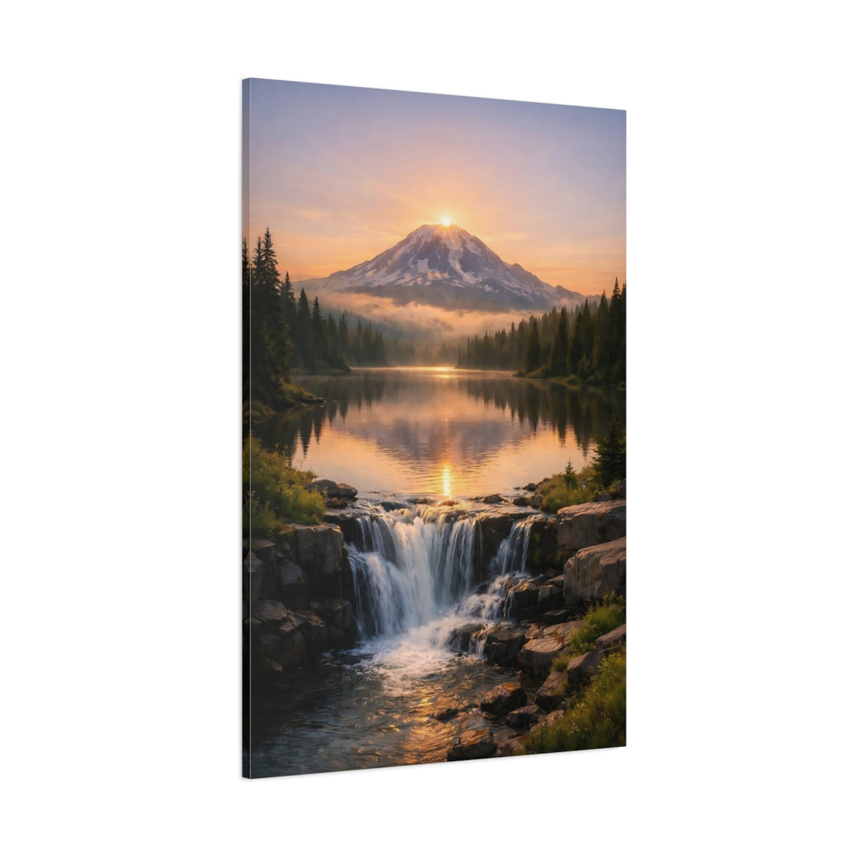 Main Mockup. Nature Mountain Lake Orange And Green shown as stretched canvas wall art