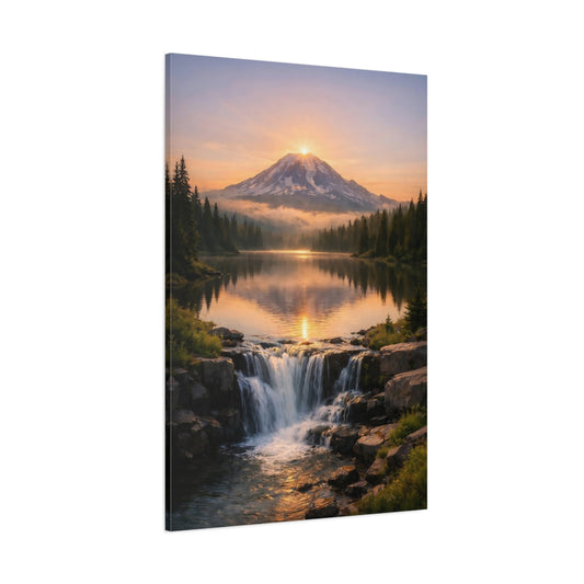 Main Mockup. Nature Mountain Lake Orange And Green shown as stretched canvas wall art