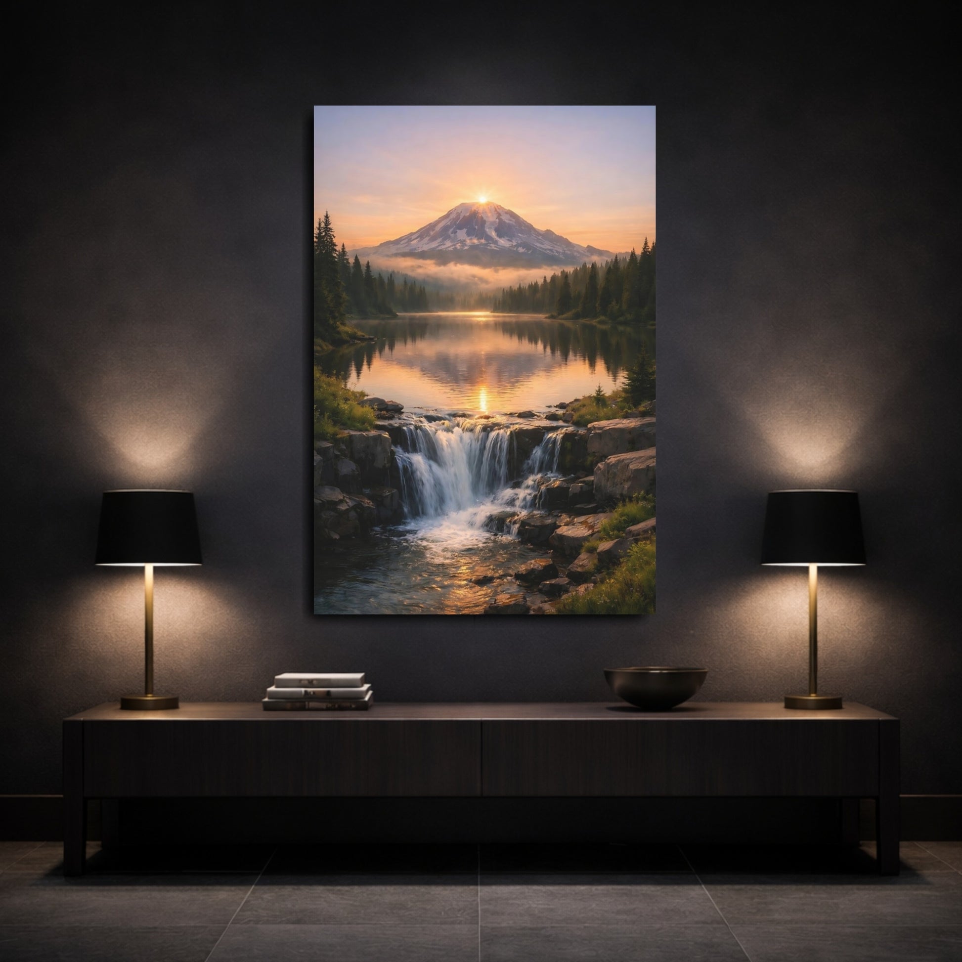 Mockup 2. Nature Mountain Lake Orange And Green shown as stretched canvas wall art