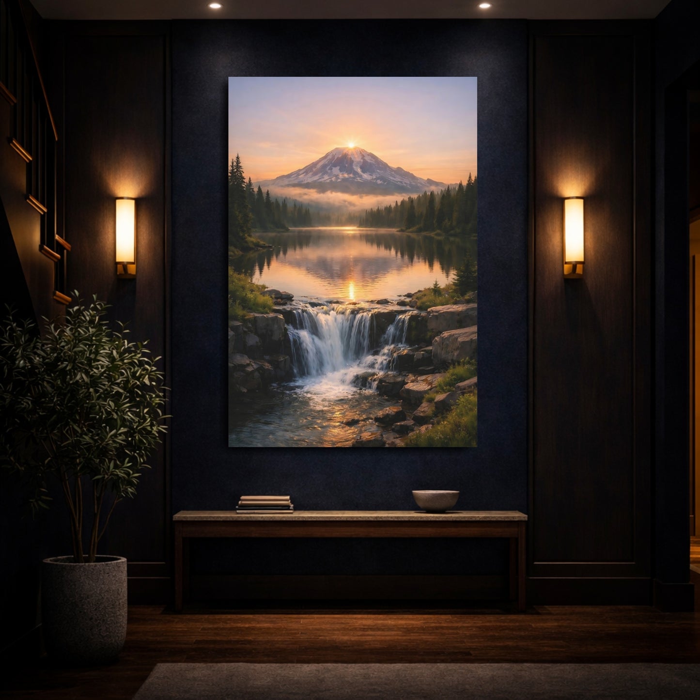 Mockup 3. Nature Mountain Lake Orange And Green shown as stretched canvas wall art