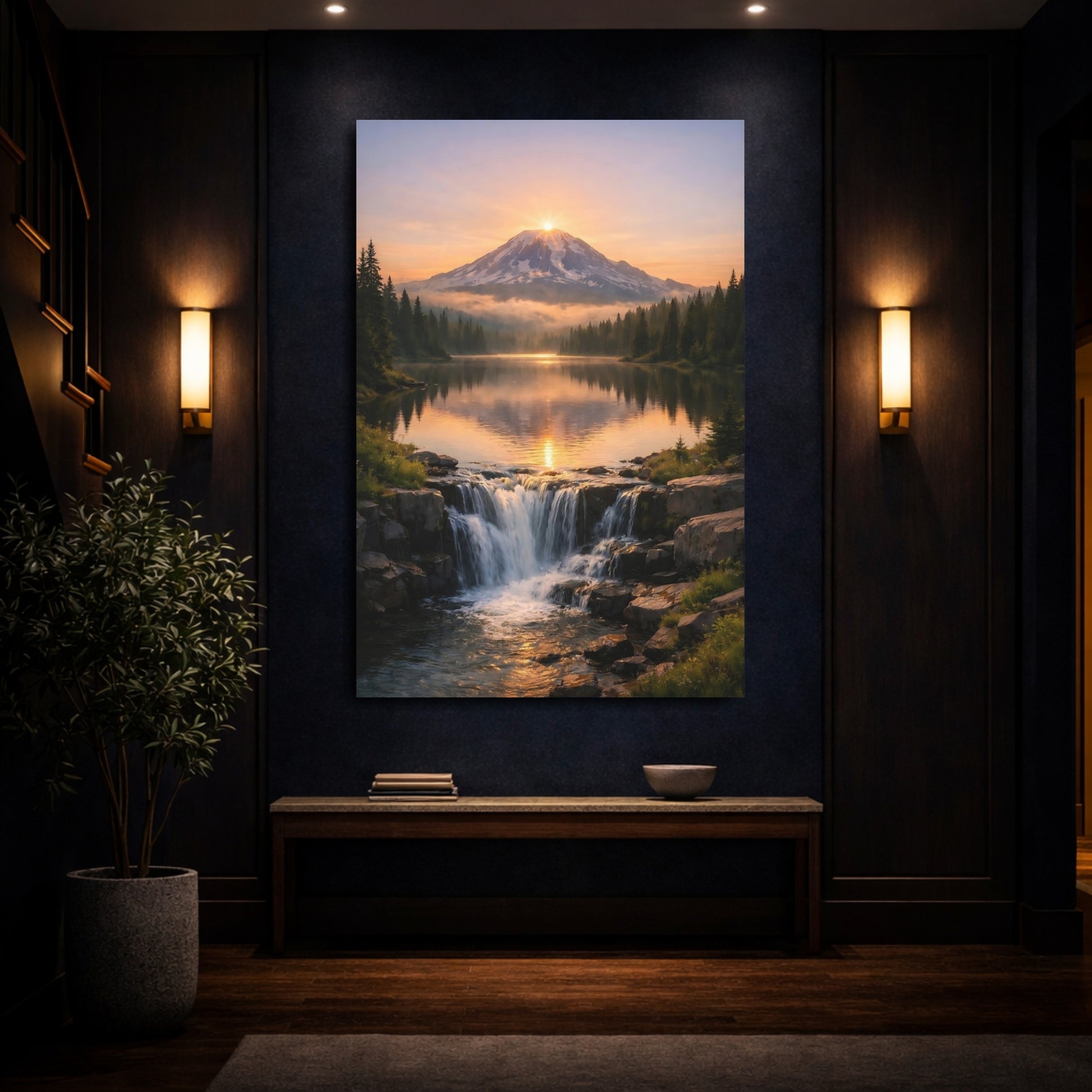 Mockup 3. Nature Mountain Lake Orange And Green shown as stretched canvas wall art