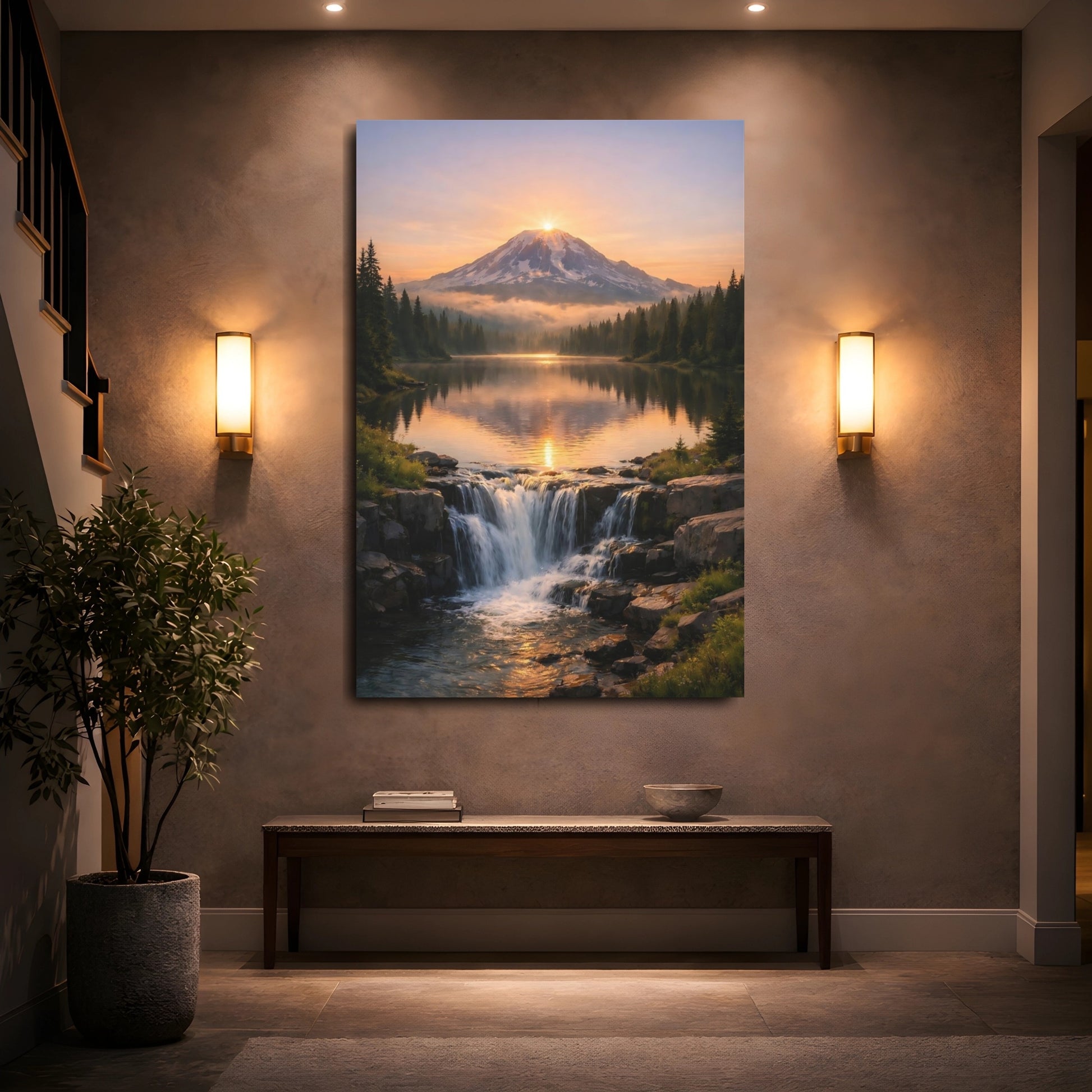 Mockup 4. Nature Mountain Lake Orange And Green shown as stretched canvas wall art