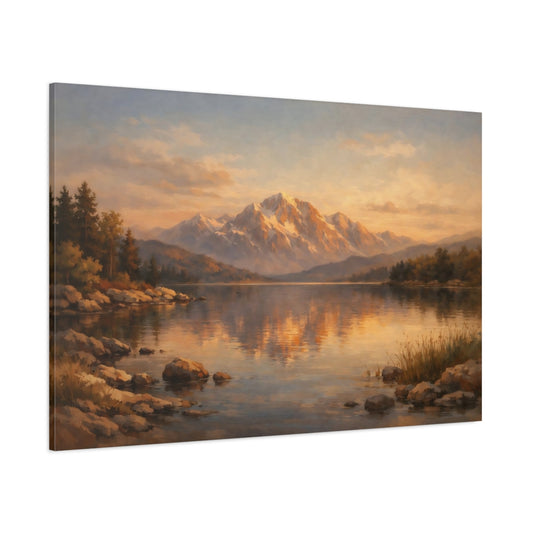 Main Mockup. Nature Mountain Lake Orange Blue Landscape shown as stretched canvas wall art