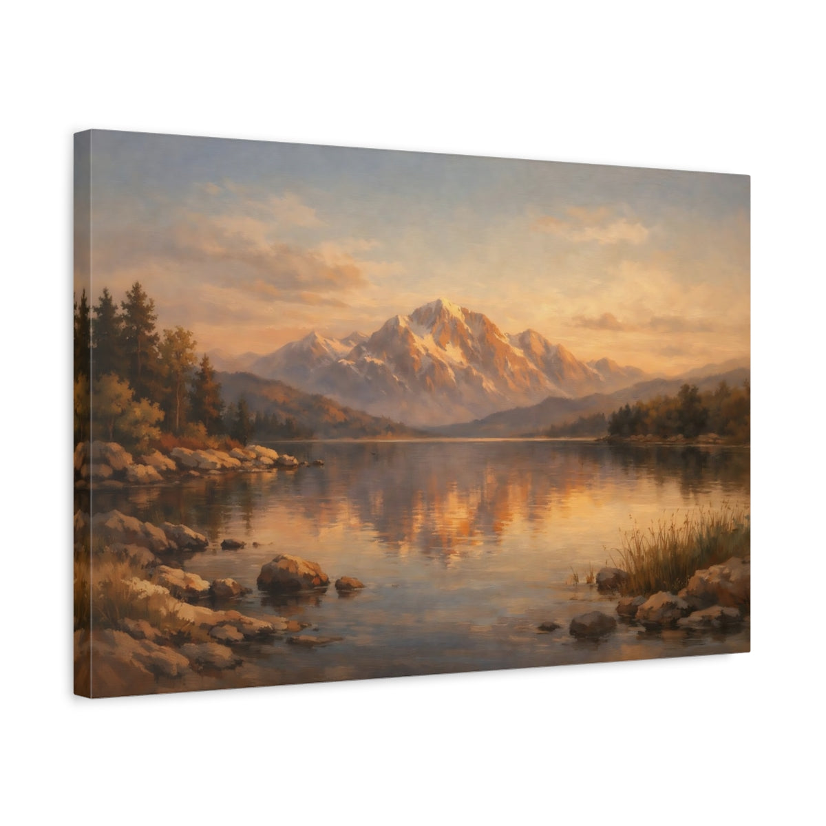 Side Mockup 3. Nature Mountain Lake Orange Blue Landscape shown as stretched canvas wall art