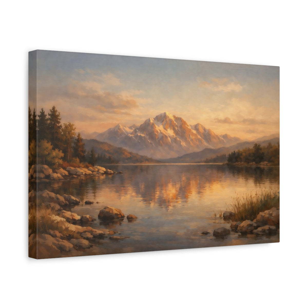 Side Mockup 4. Nature Mountain Lake Orange Blue Landscape shown as stretched canvas wall art