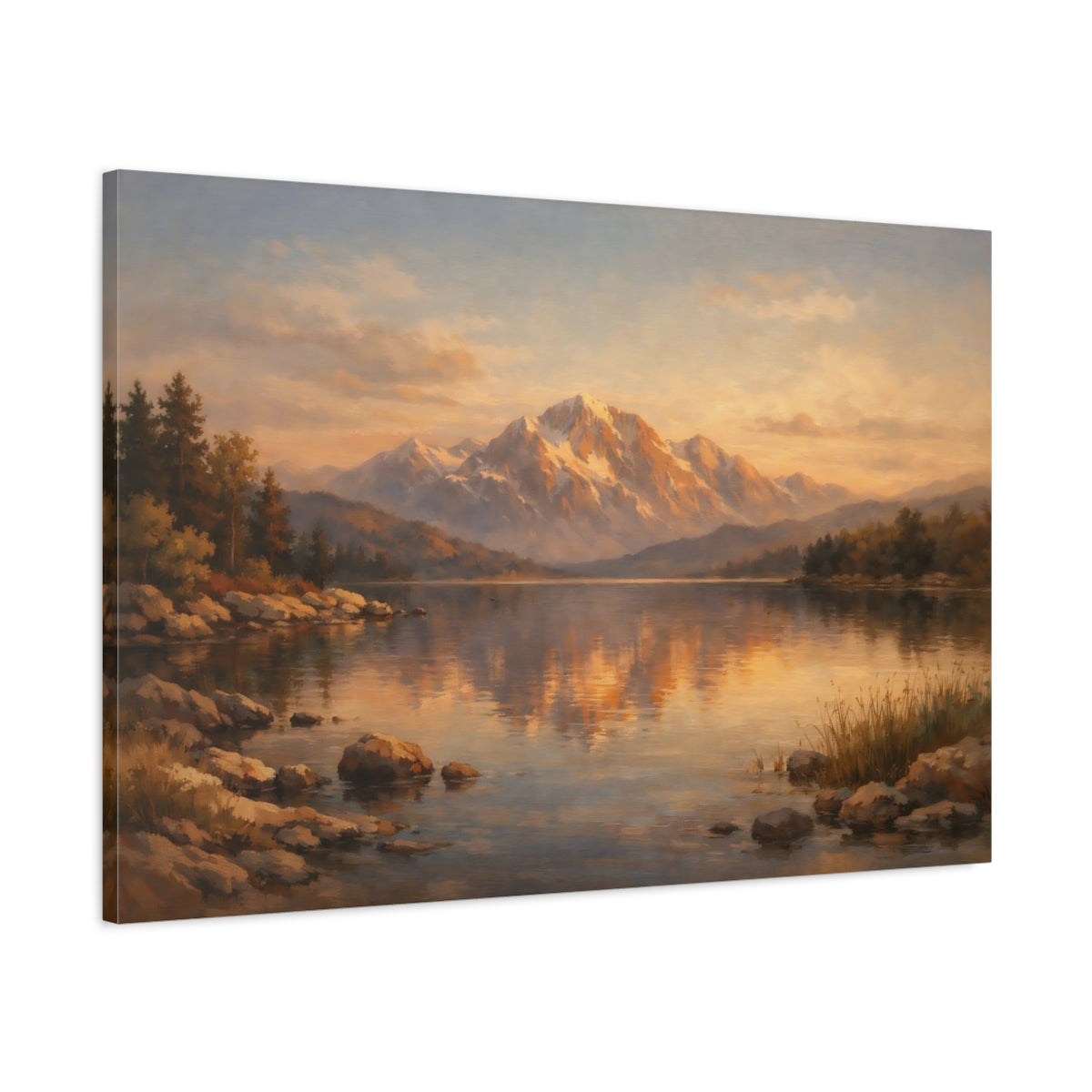 Side Mockup 1. Nature Mountain Lake Orange Blue Landscape shown as stretched canvas wall art