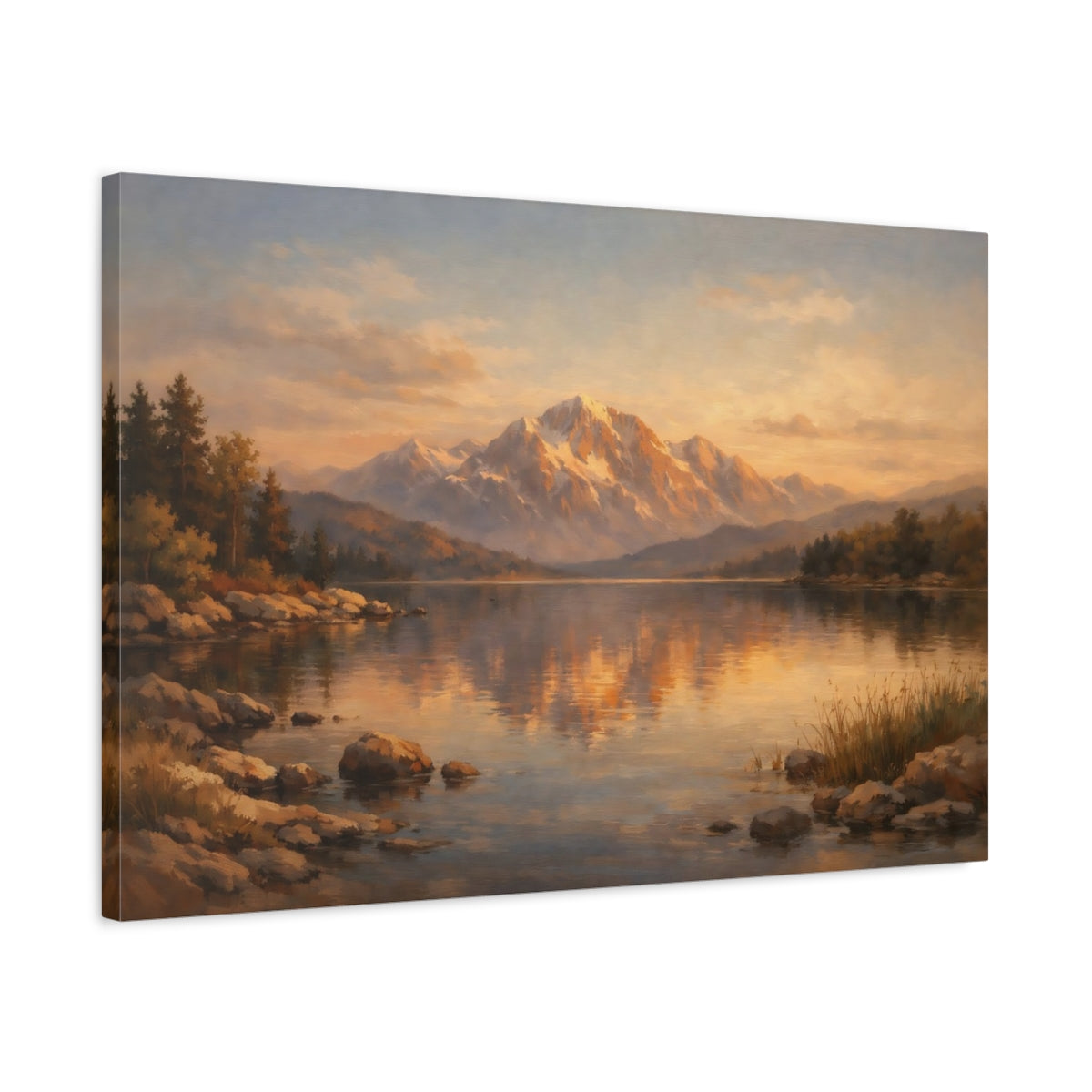 Side Mockup 2. Nature Mountain Lake Orange Blue Landscape shown as stretched canvas wall art