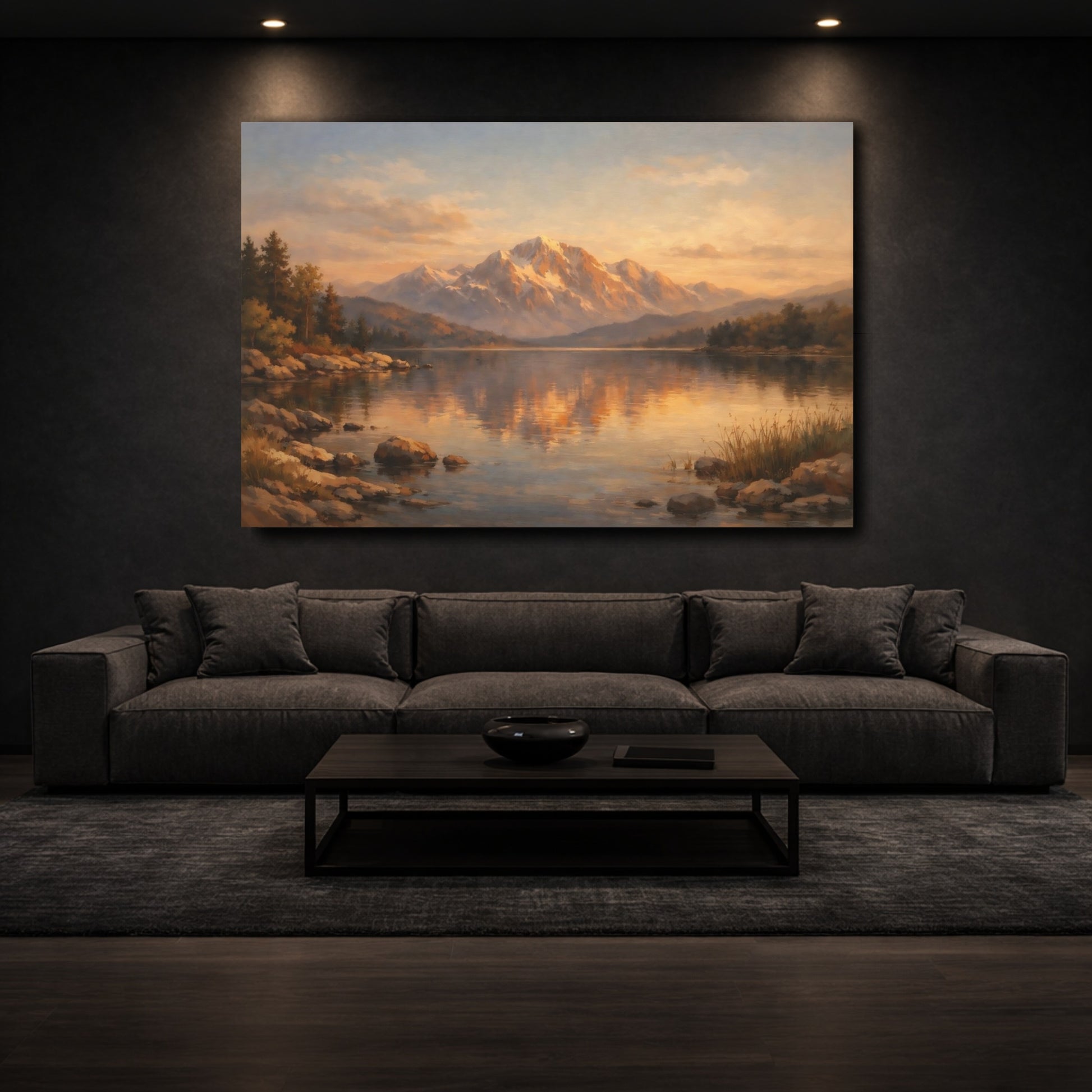 Mockup 2. Nature Mountain Lake Orange Blue Landscape shown as stretched canvas wall art