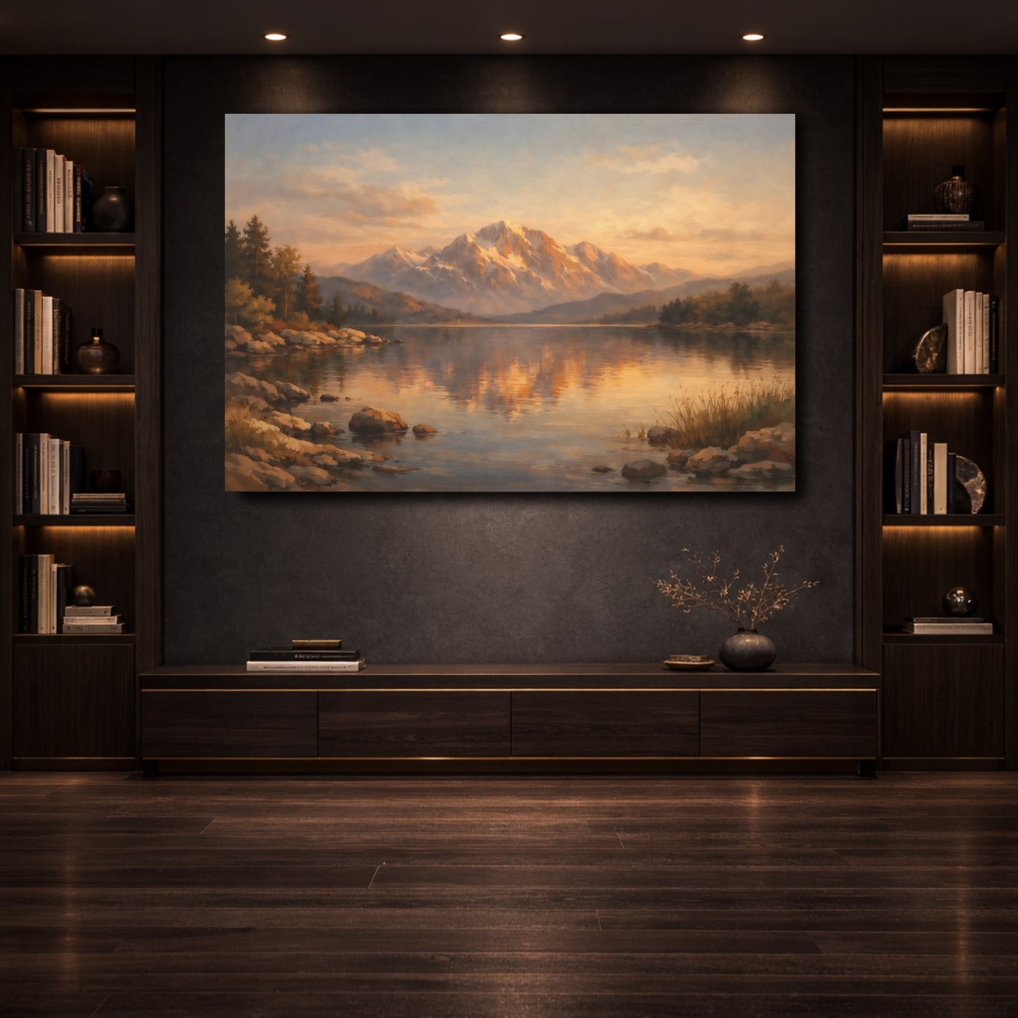 Mockup 3. Nature Mountain Lake Orange Blue Landscape shown as stretched canvas wall art