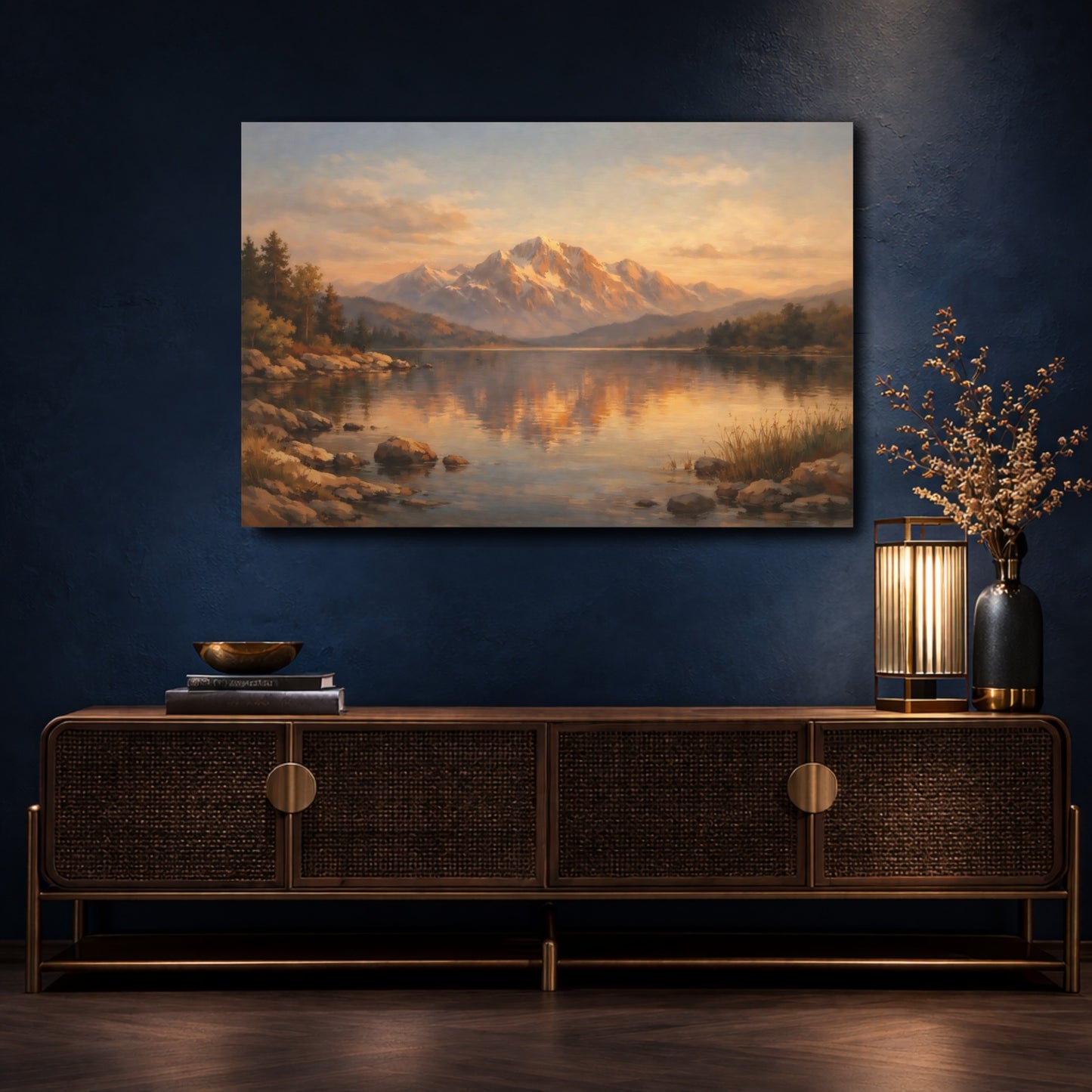 Mockup 4. Nature Mountain Lake Orange Blue Landscape shown as stretched canvas wall art