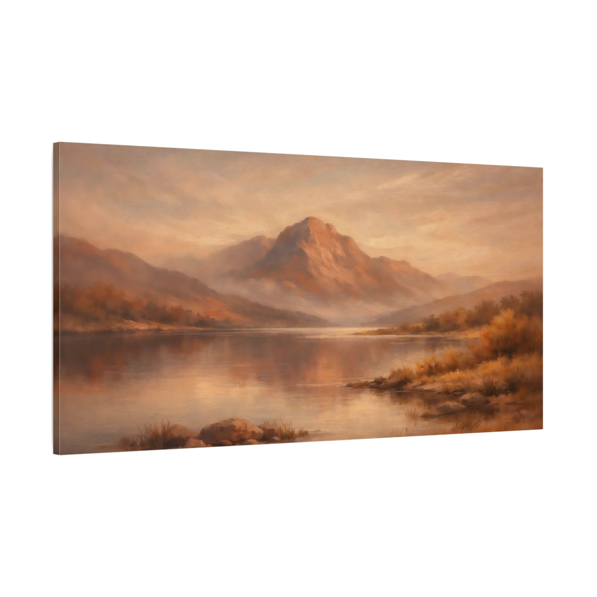 Main Mockup. Nature Mountain Lake Orange Brown Landscape shown as stretched canvas wall art