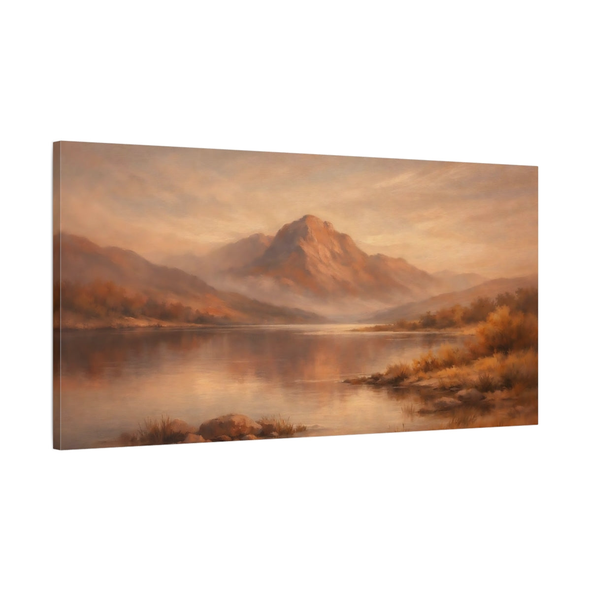 Side Mockup 1. Nature Mountain Lake Orange Brown Landscape shown as stretched canvas wall art